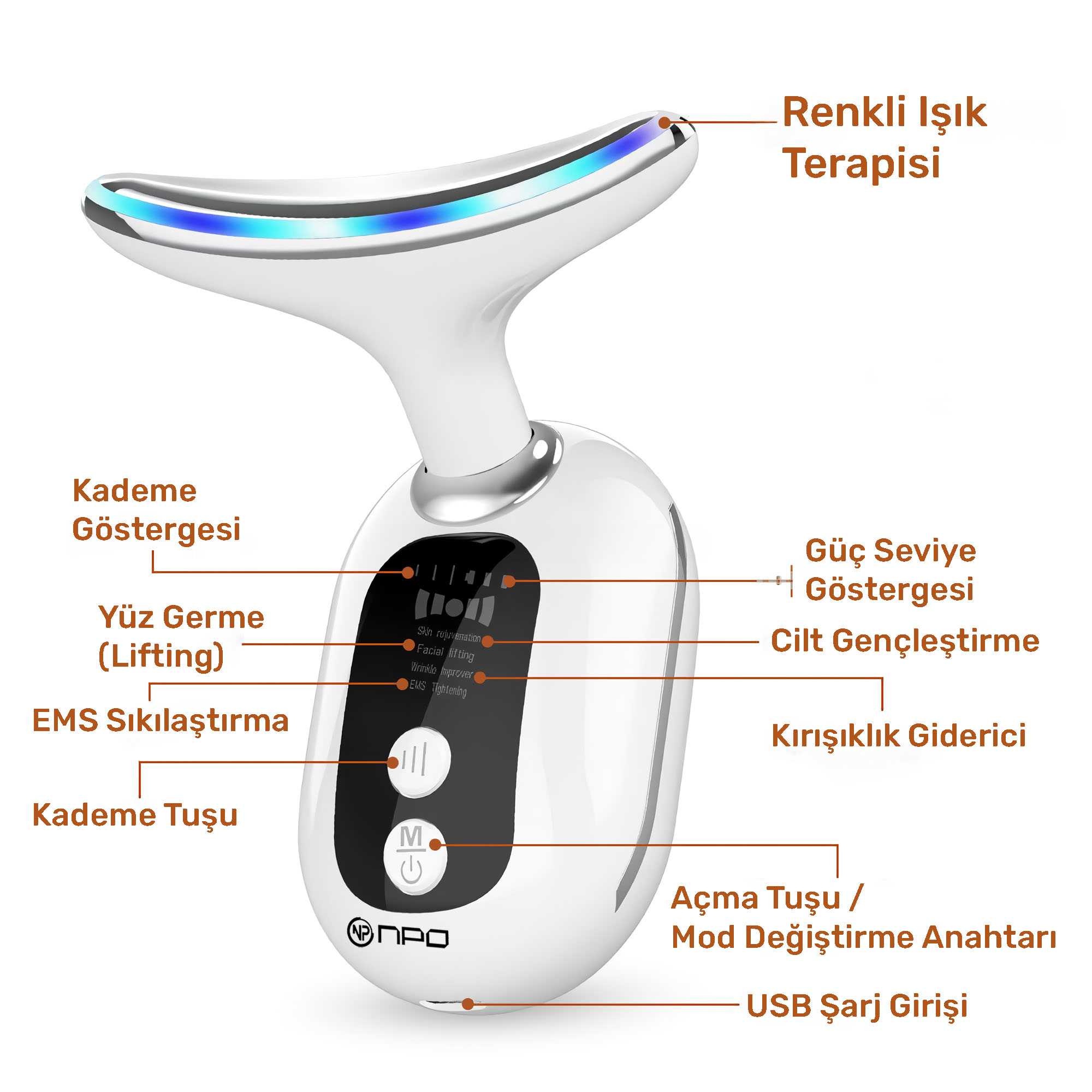 Mavi ışıklı beyaz cilt bakım cihazı ve Türkçe etiketler.