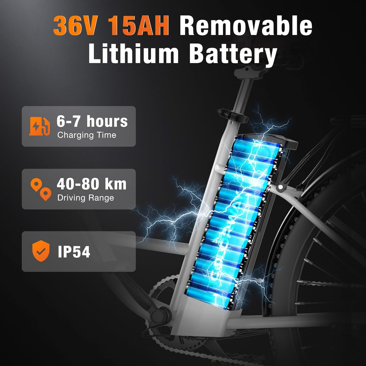 Batería de litio extraíble 36V 15AH: 6-7h carga, 40-80 km autonomía, IP54.