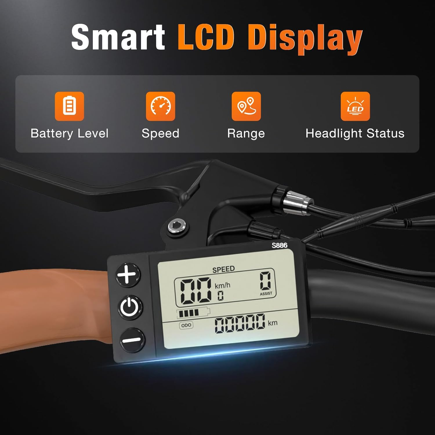 Pantalla de bicicleta eléctrica muestra velocidad, autonomía, batería y luz.
