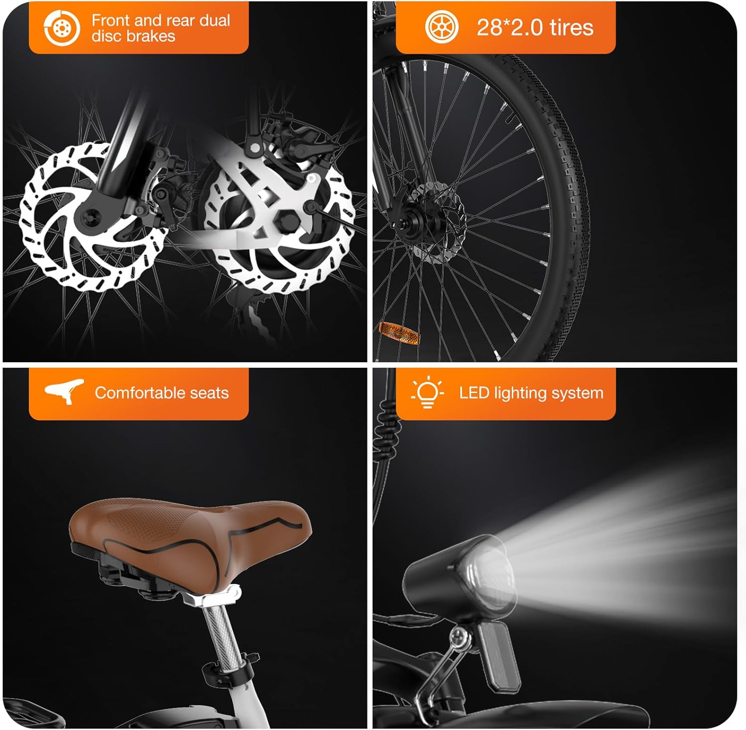 Cuatro imágenes muestran componentes de bicicleta: frenos de disco dobles, neumáticos 28x2.0, asiento y luz LED.