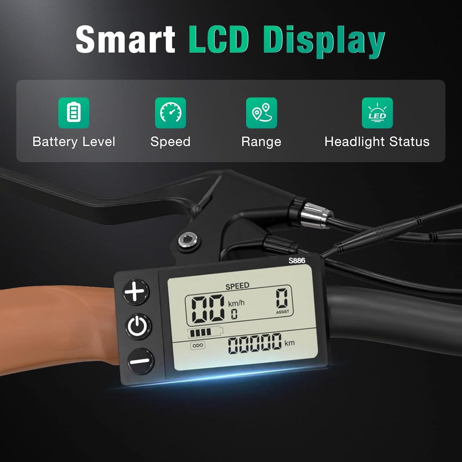 Pantalla de bicicleta eléctrica muestra velocidad, batería, alcance y luces.