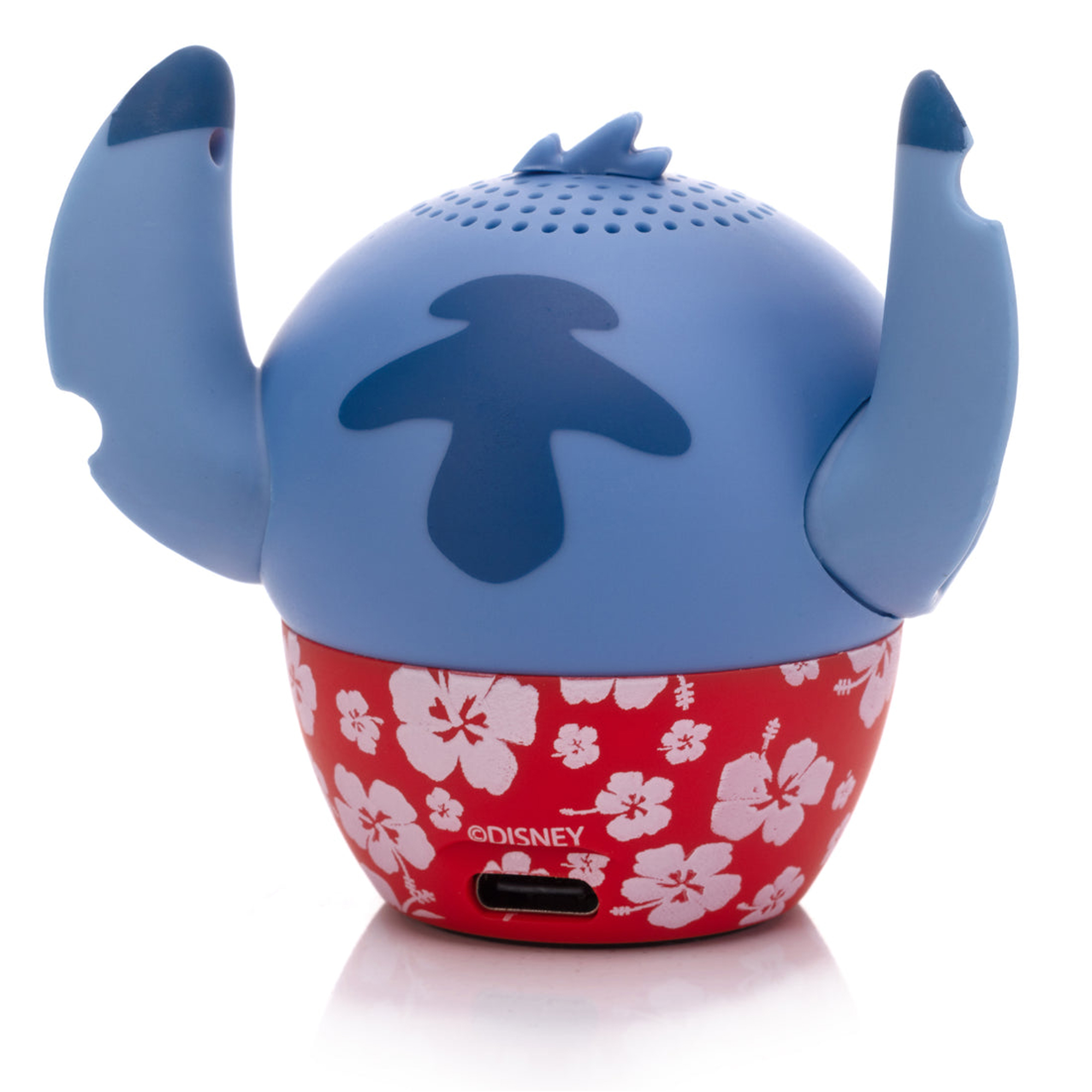 Kırmızı çiçek desenli mavi Stitch hoparlör ve Disney logosu.