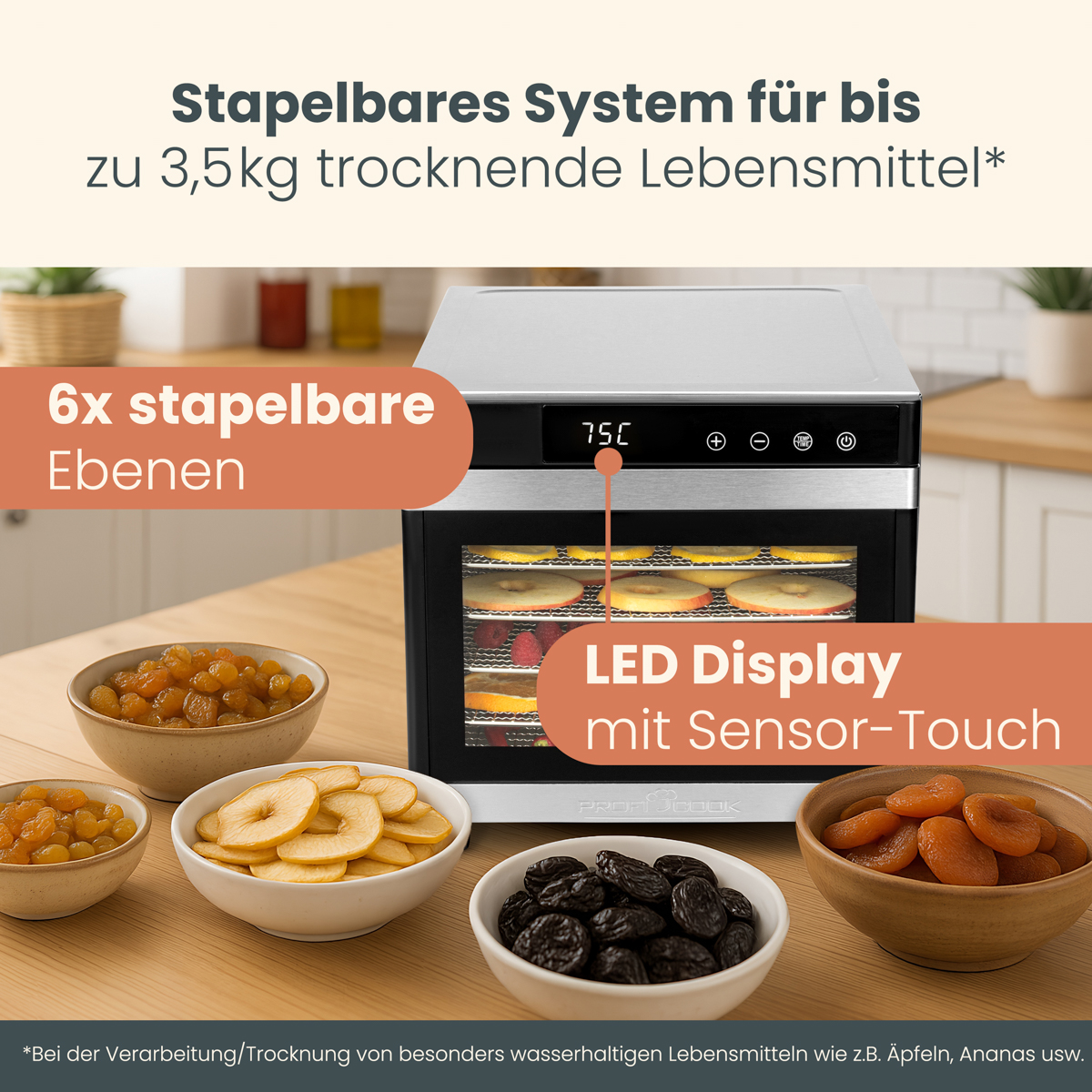 Ein Dörrautomat mit 6 Ebenen und getrockneten Früchten davor.