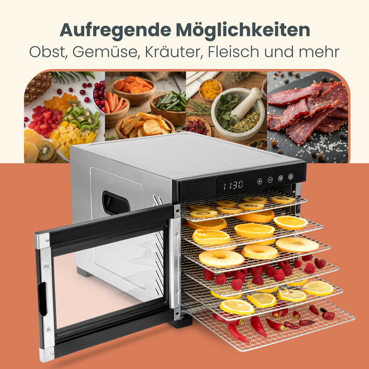 Dörrgerät mit Obst, Gemüse, Kräutern und Fleisch.