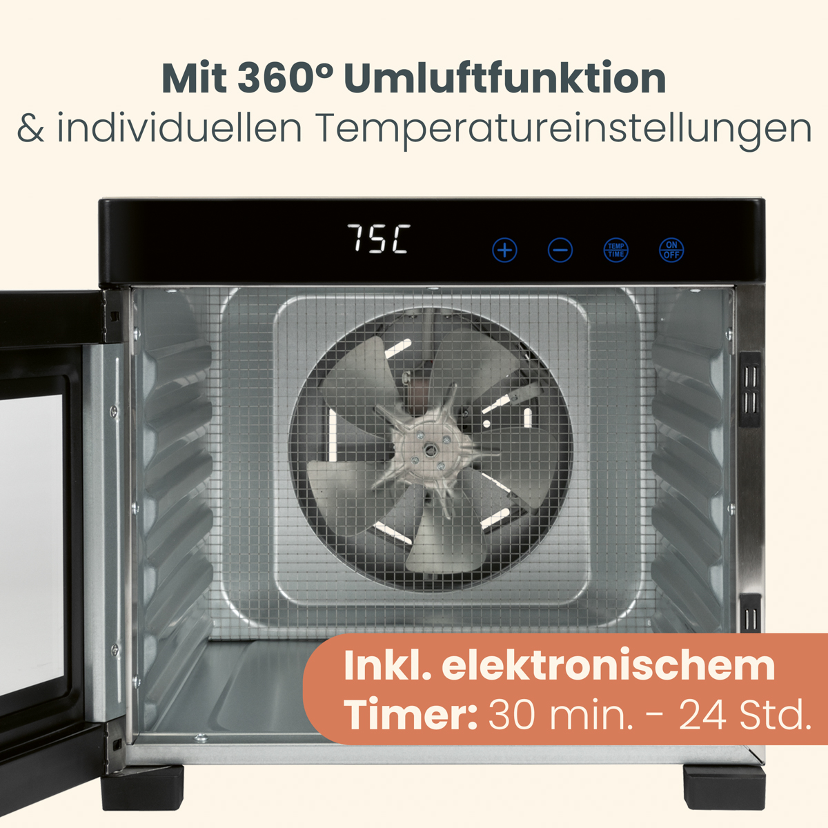 Ein silberner Lüfter mit 75 Grad Anzeige und Timer-Funktion.