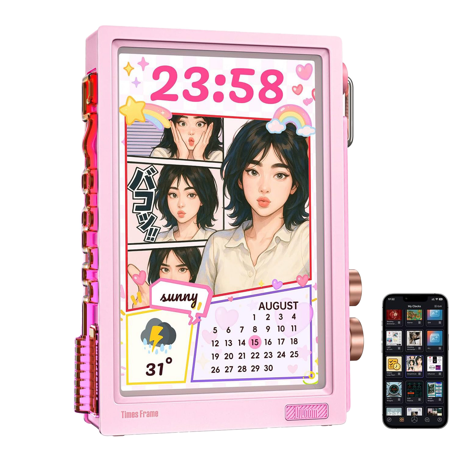 Pembe dijital çerçeve anime kızları, saat 23:58, takvim ve hava durumunu gösteriyor.