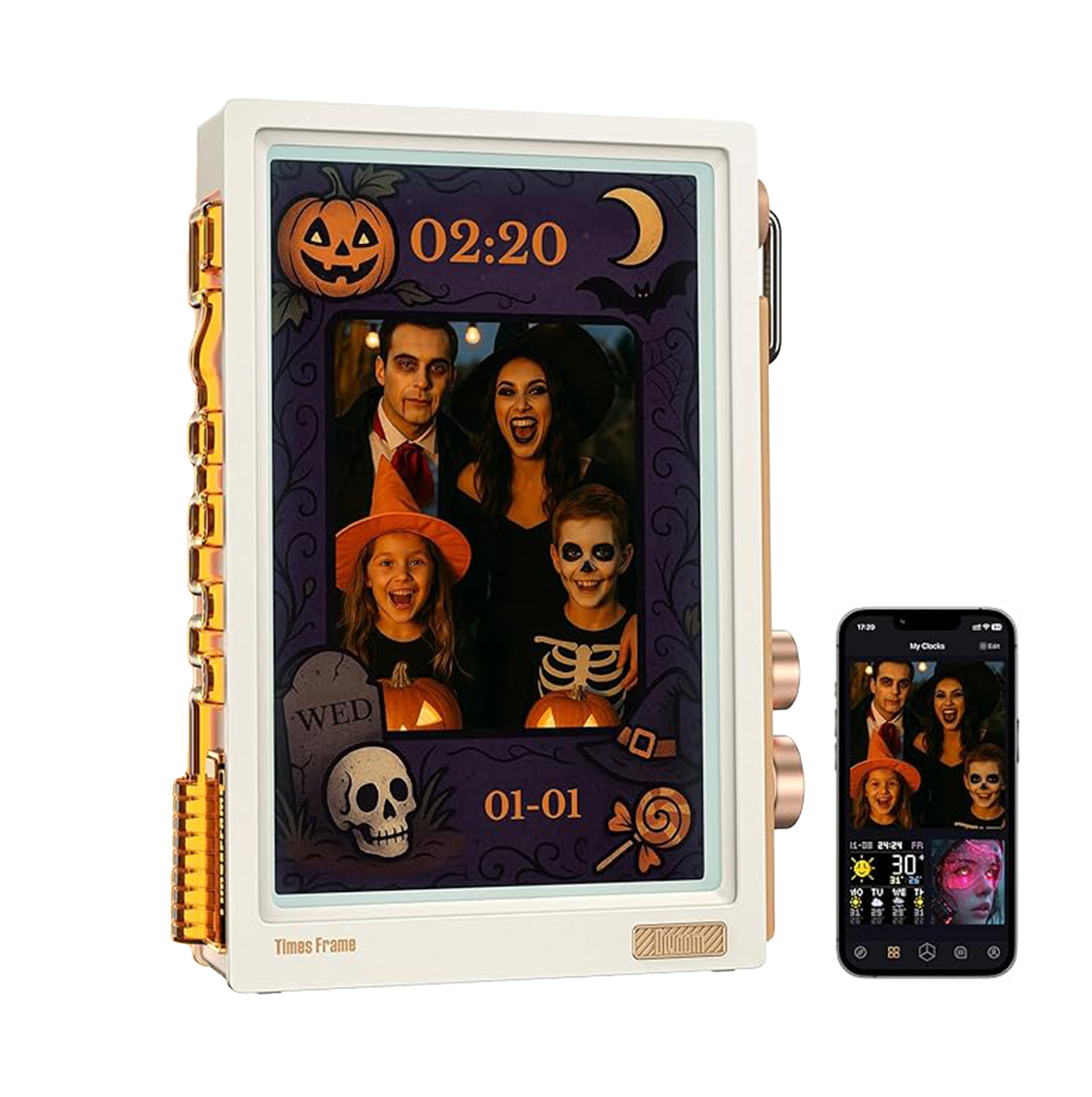 Dijital çerçeve, Halloween aile fotoğrafı ve saatli, yanında telefon.