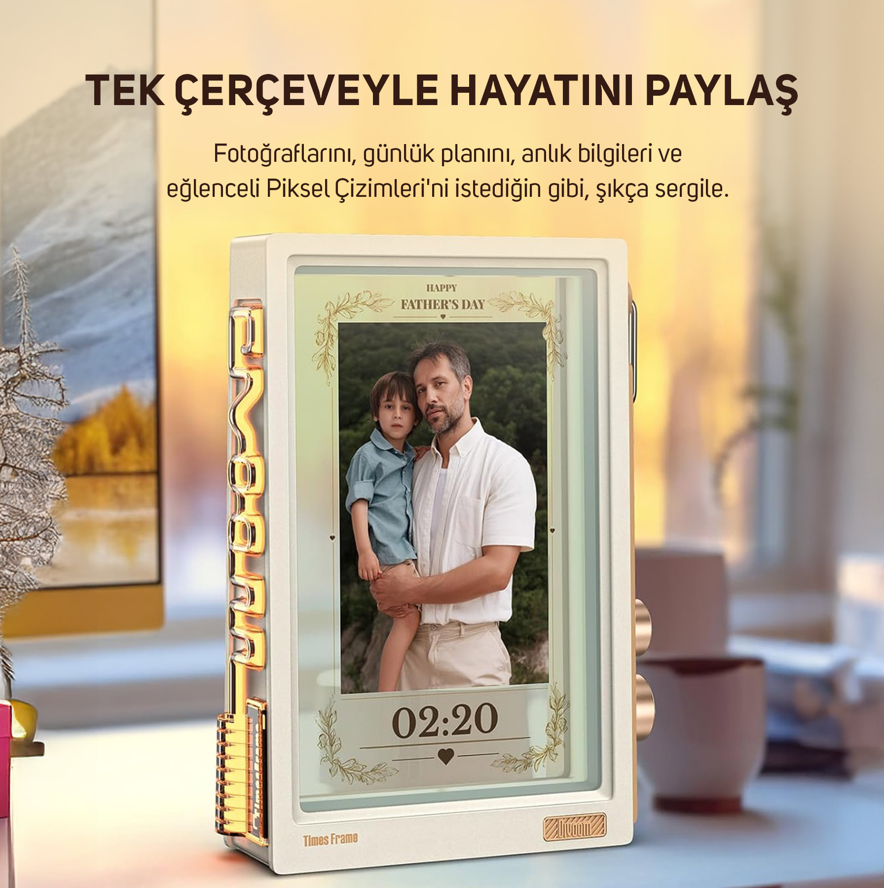 Bir adam, üzerinde "Babalar Günü Kutlu Olsun" yazan dijital bir çerçevenin önünde bir çocuğu tutuyor.