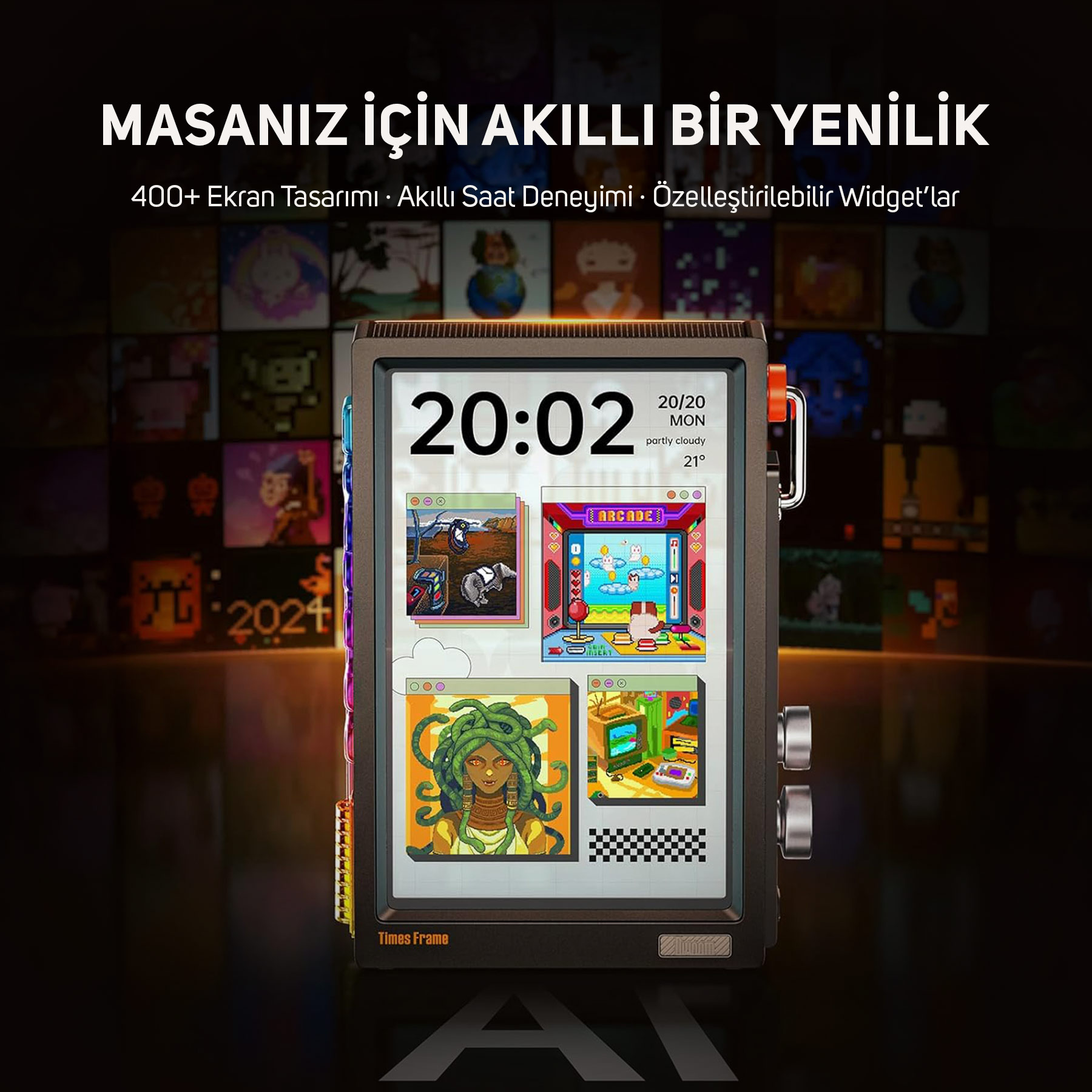 Akıllı bir ekran, Medusa ve atari oyunu gibi piksel sanat widget'ları gösteriyor.