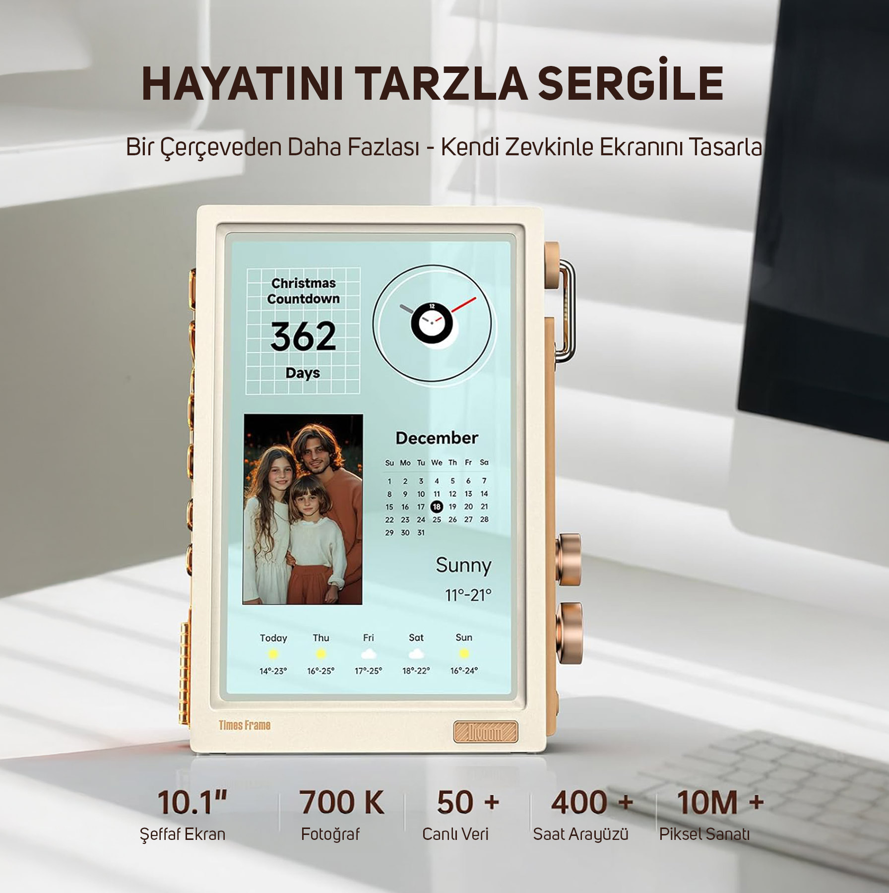 Dijital çerçeve, Noel geri sayımı, takvim ve hava durumu tahmini gösteriyor.