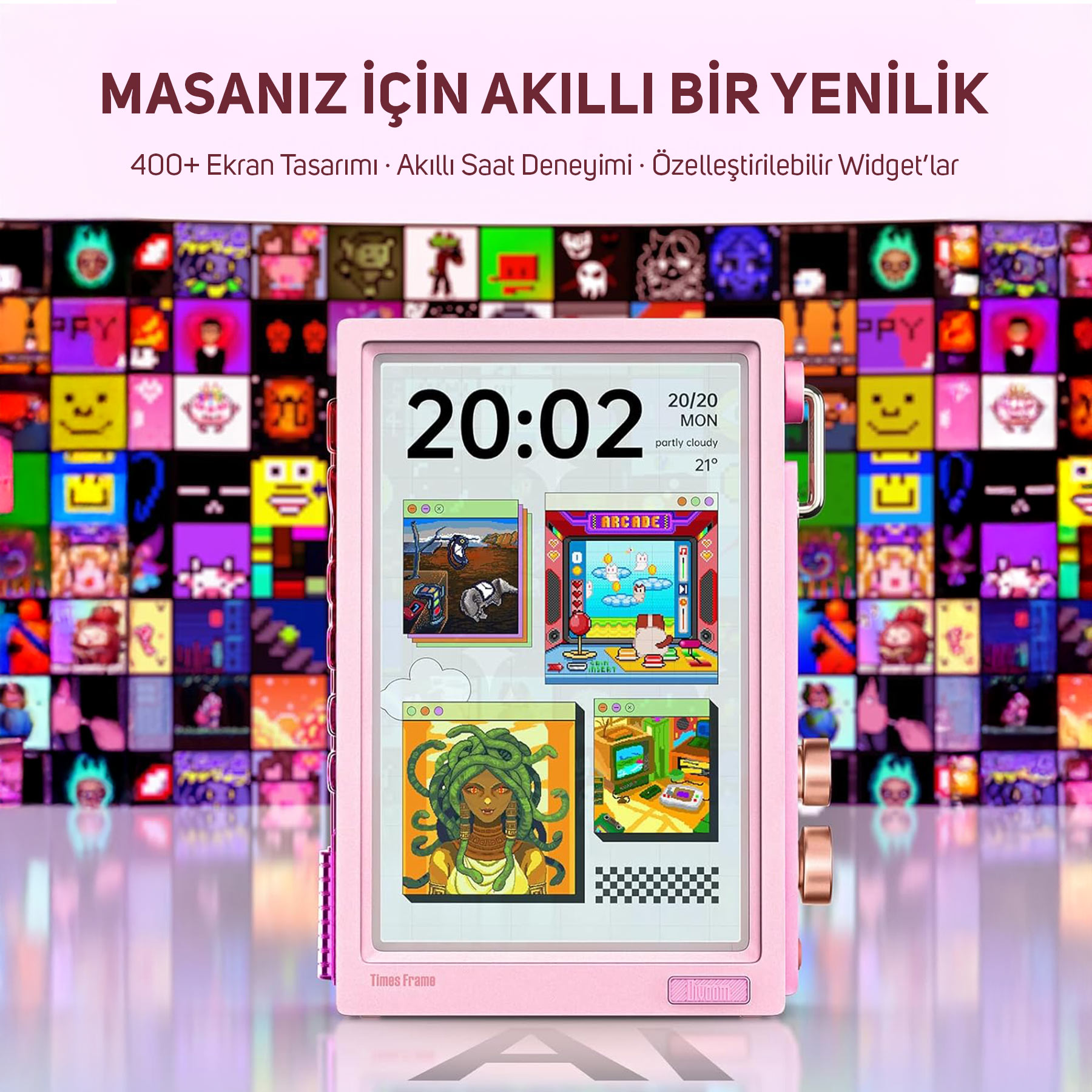 Pembe dijital saat, renkli piksel görseller arka planıyla piksel sanat widgetleri gösteriyor.