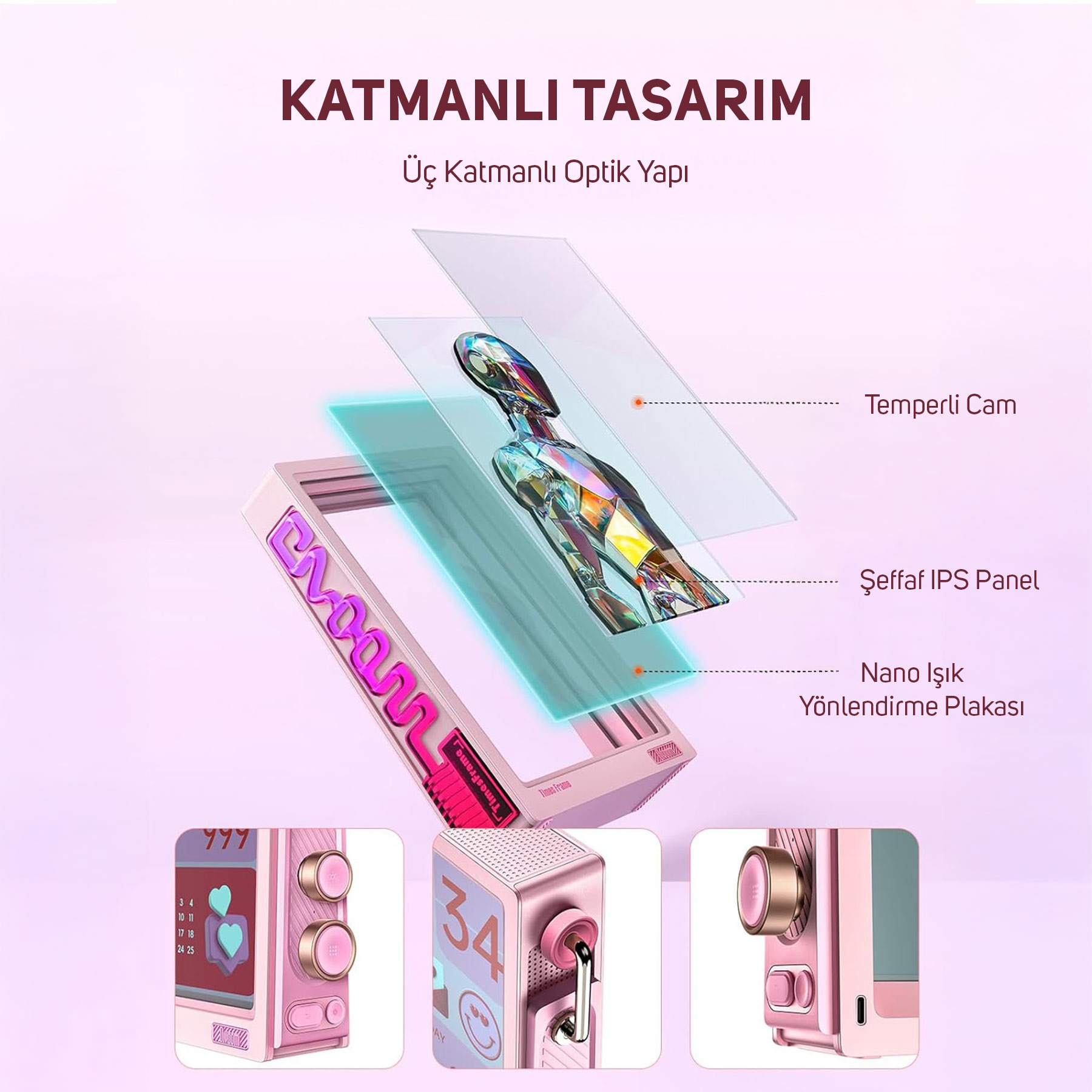 Prizmatik robot cam ve panel katmanlarında, pembe cihazlar.