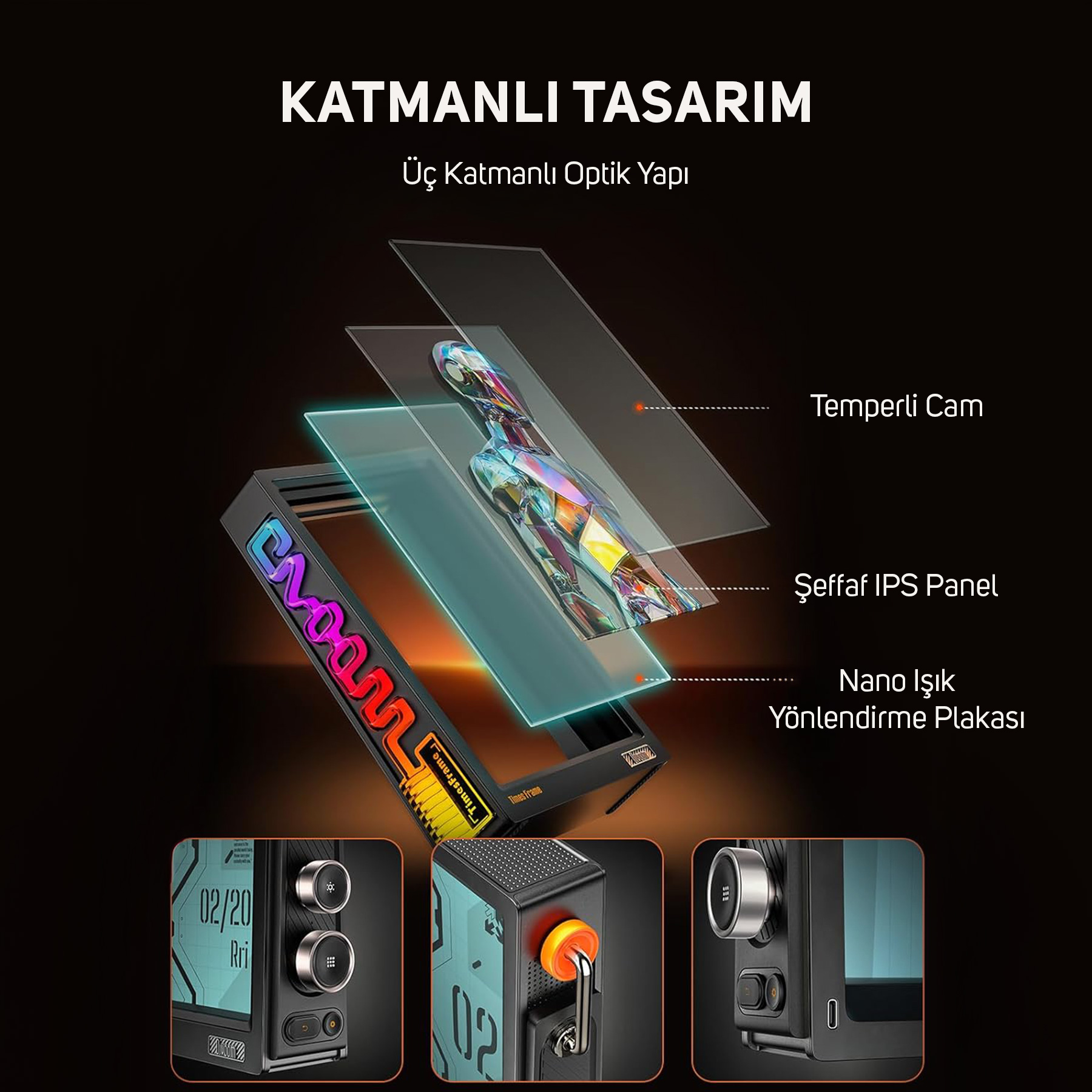 Katmanlı bir kasanın patlatılmış görünümü: cam, panel, ışık plakası.