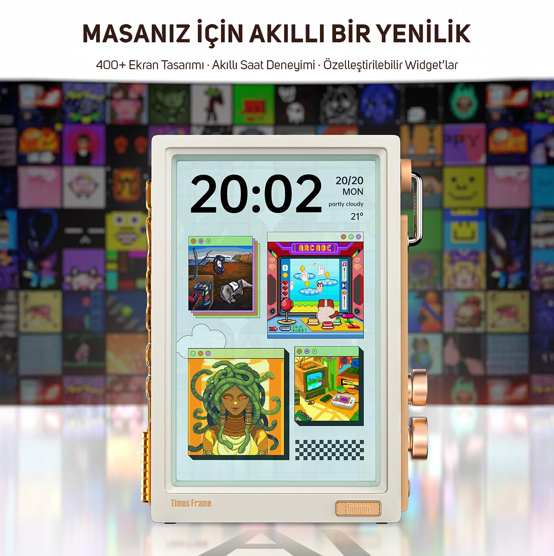 Akıllı ekran 20:02, hava durumu ve piksel sanat görselleri gösteriyor.