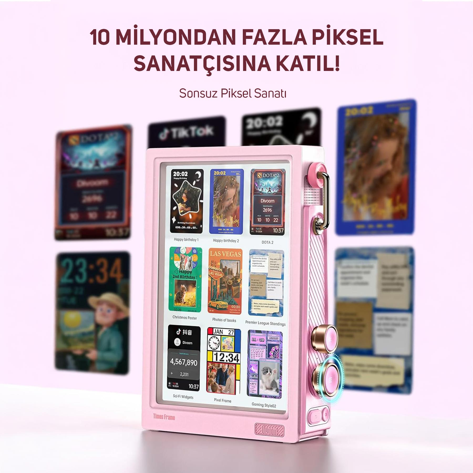 Çeşitli widget'lar ve oyunlar ile fotoğraflar gösteren pembe bir piksel sanat çerçevesi.