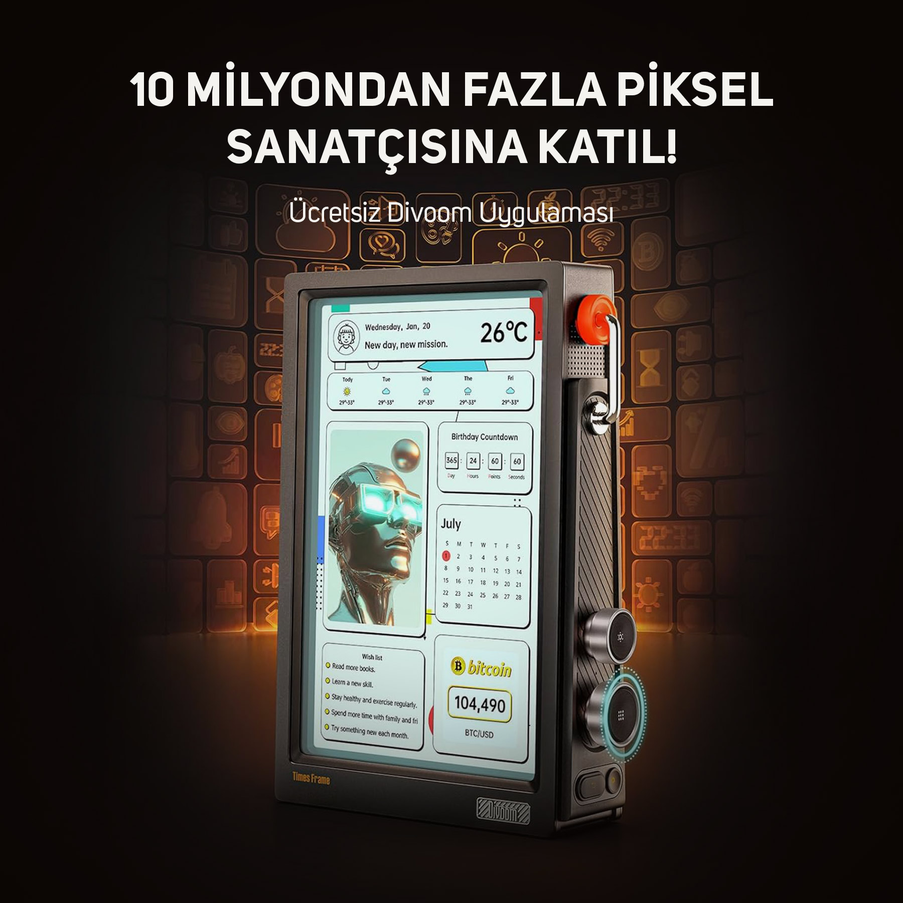 Piksel sanat avatarı, takvim ve Bitcoin fiyatı olan dijital saat. Turuncu vurgular.