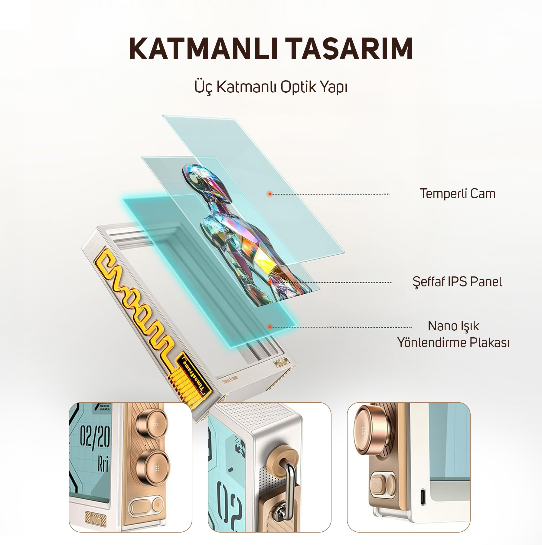 Katmanlı tasarım optik yapı: temperli cam, IPS panel, ışık yönlendirme plakası.