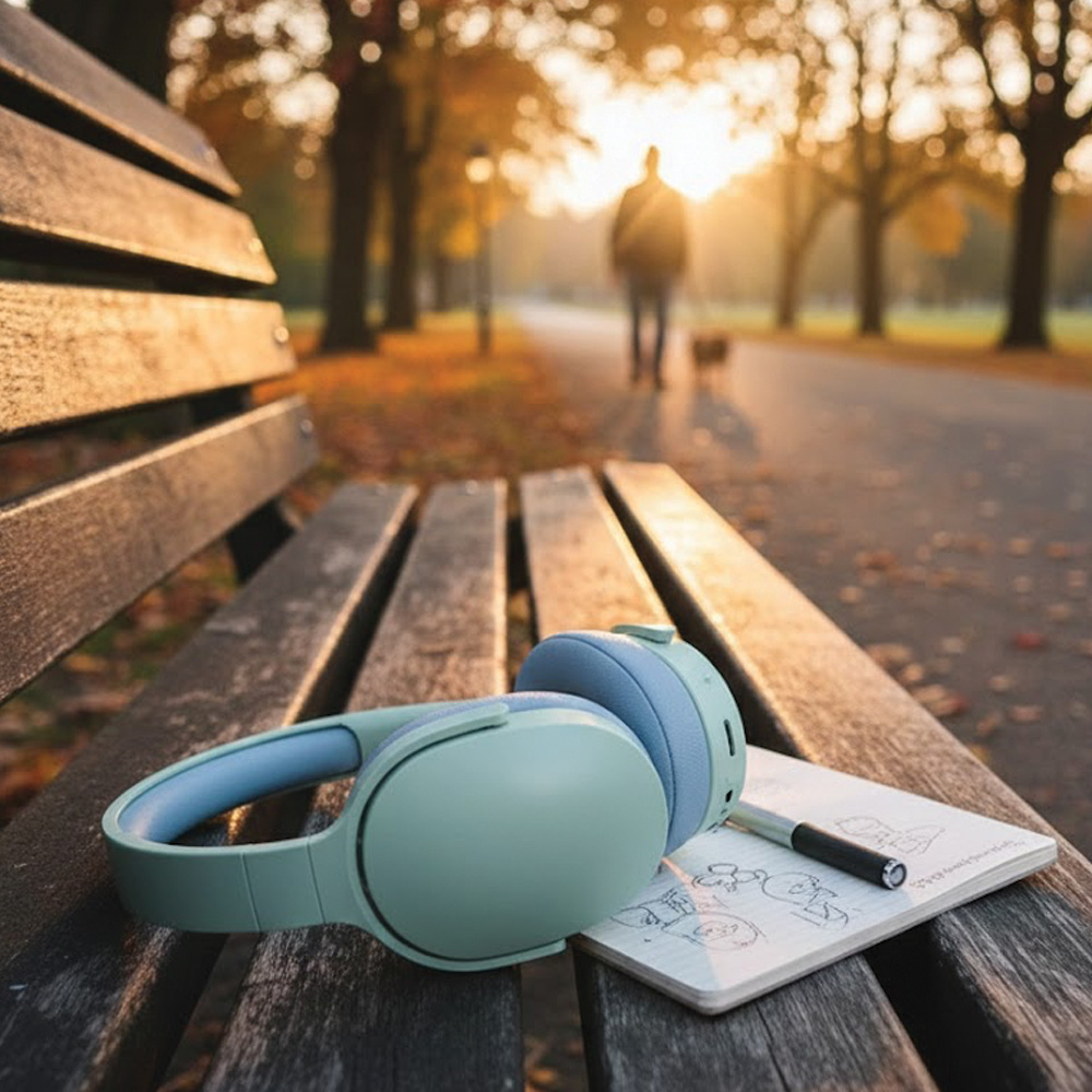 Sonbahar ışığında park bankında kulaklık ve defter.