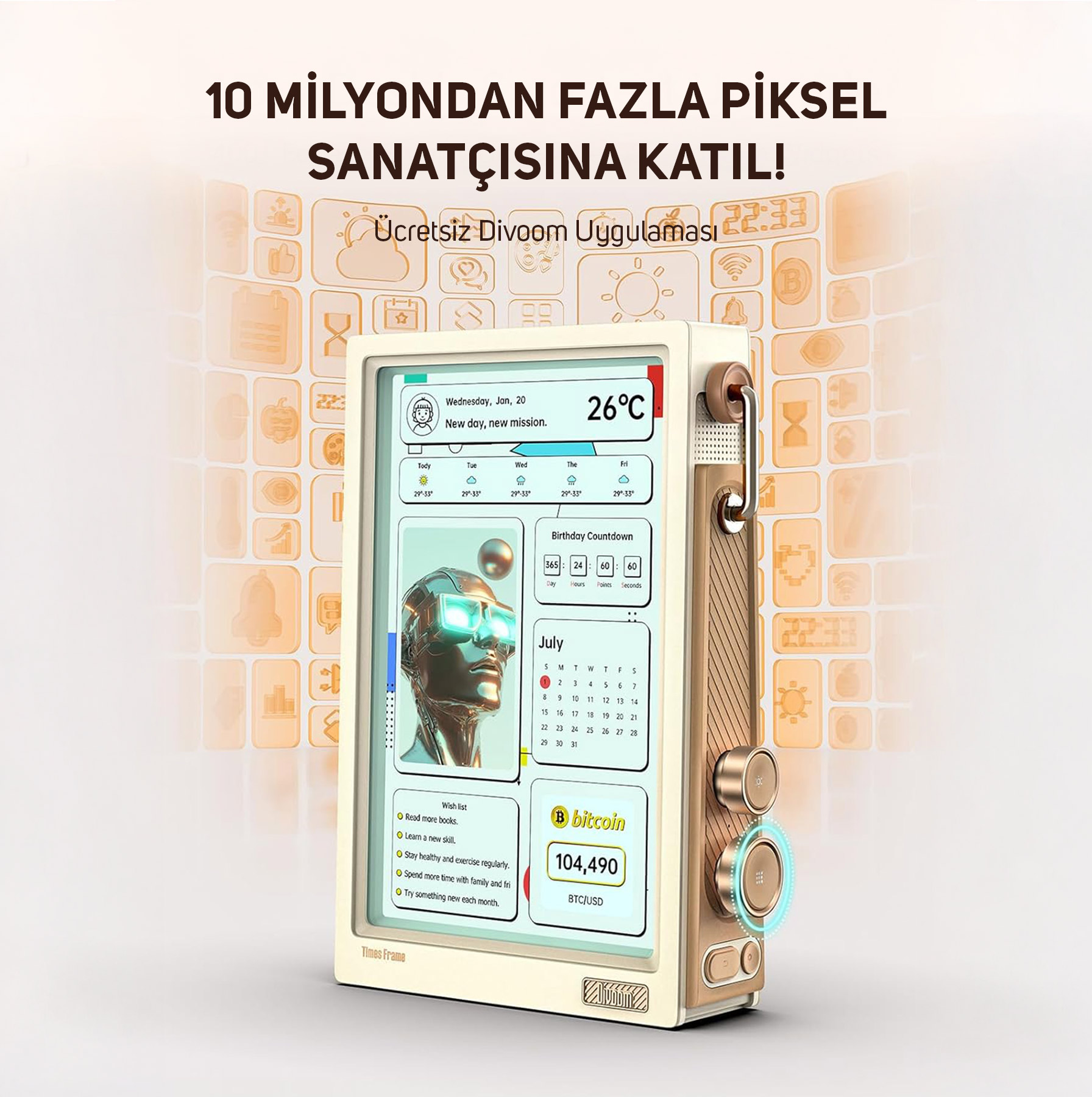 Retro-fütüristik ekran hava durumu, takvim, Bitcoin fiyatı ve fazlasını gösterir.