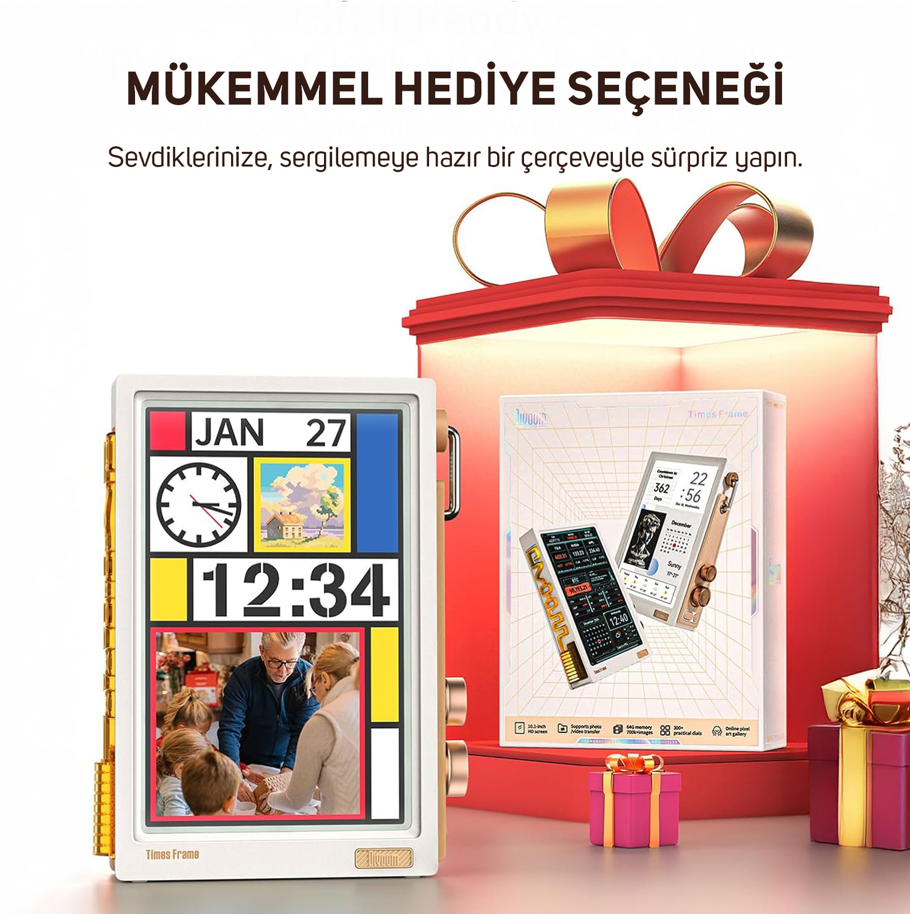 Bir aileyi gösteren dijital çerçeve, yanında bir hediye kutusu.