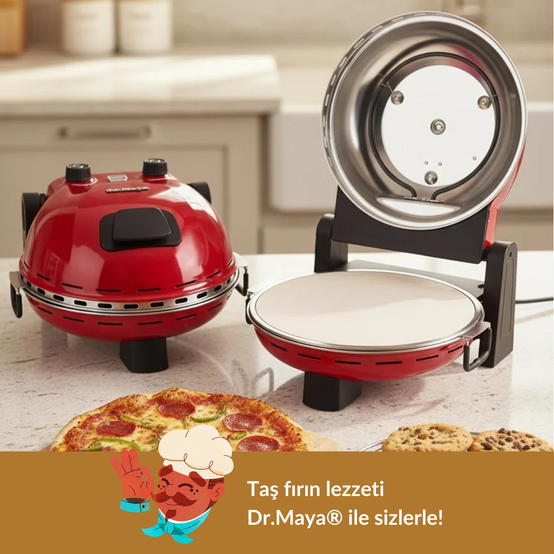 Pizza ve kurabiyelerin olduğu tezgahtaki iki kırmızı pizza fırını.