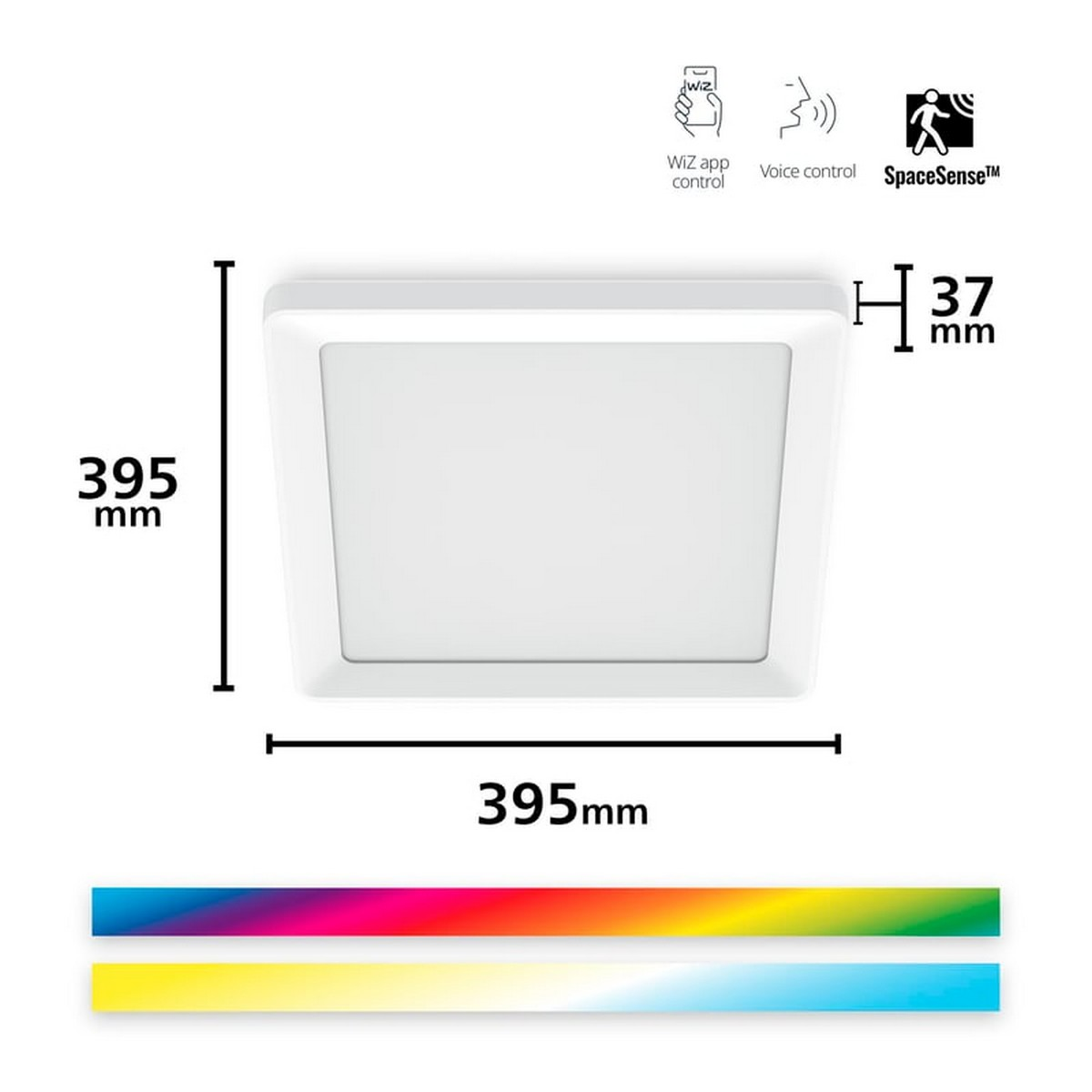 Beyaz tavan lambası 395x395x37mm, uygulama/sesli komut ikonlu.