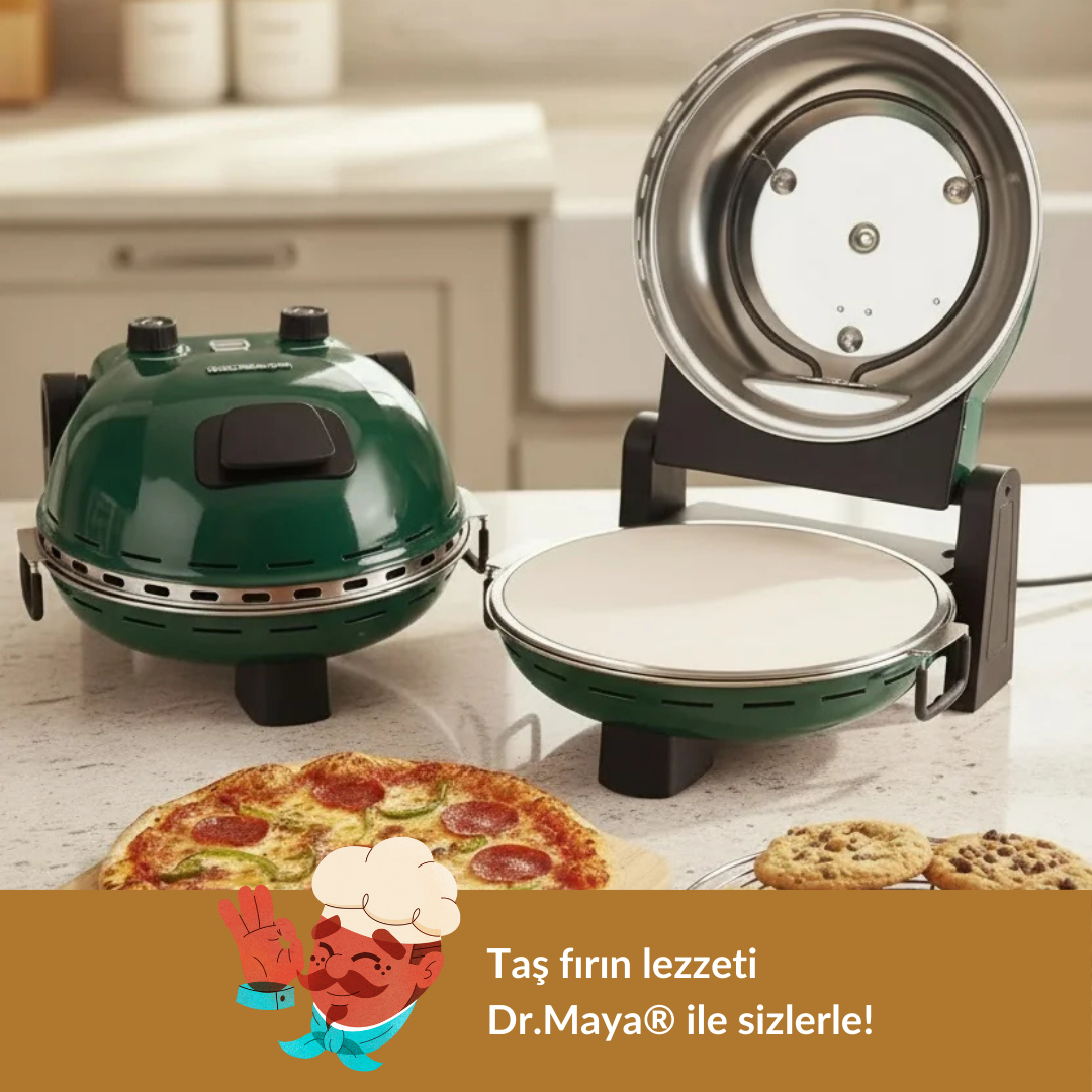 İki yeşil pizza fırını, bir pizza ve kurabiyelerin yanında duruyor.