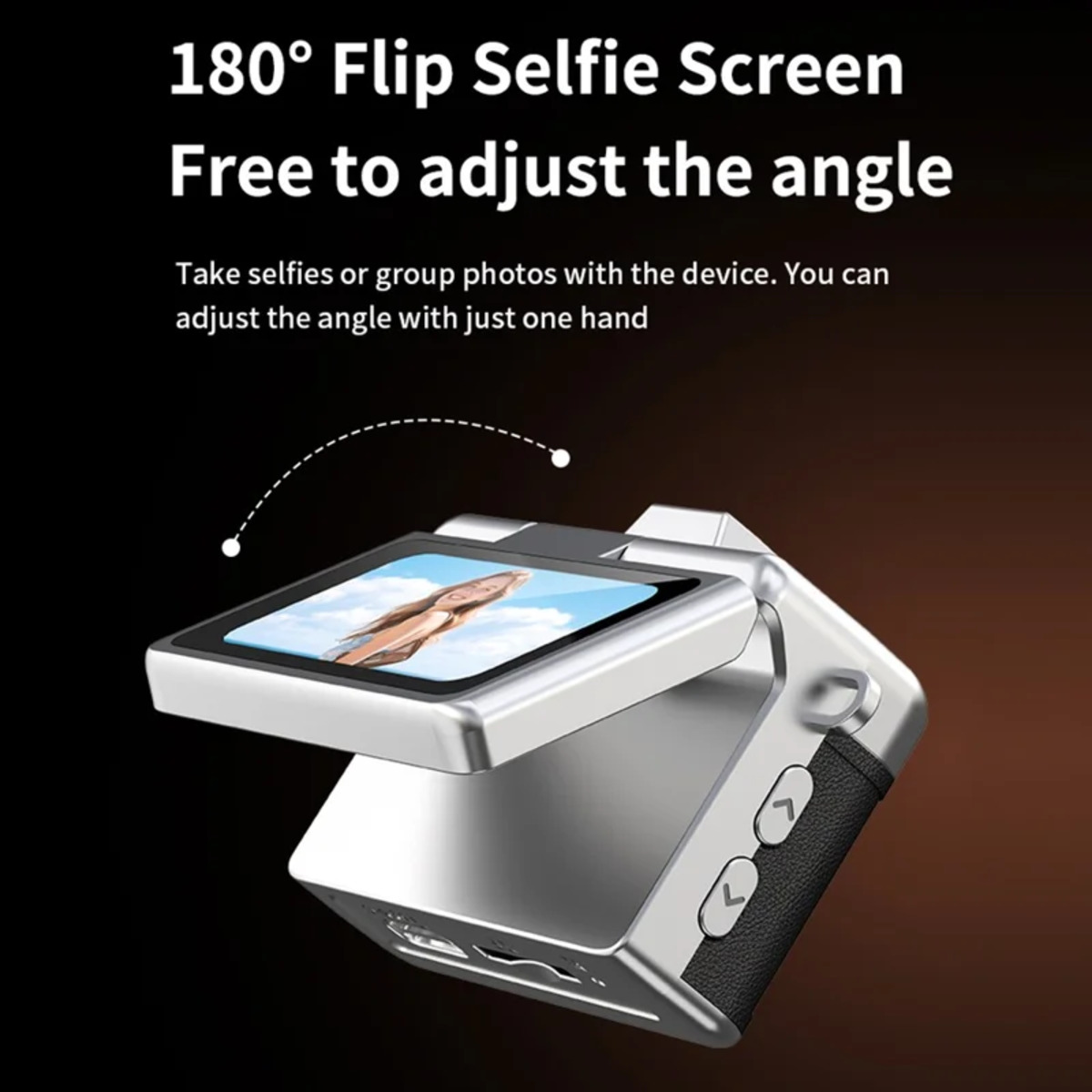 Un dispositivo plateado con pantalla abatible que muestra una selfie.