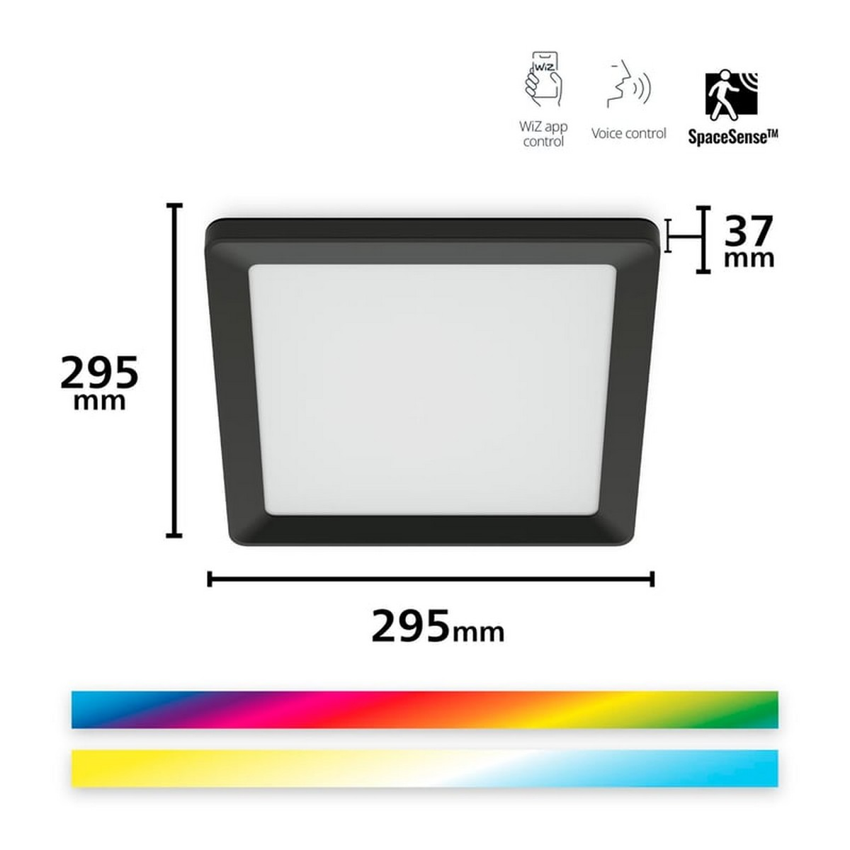 Kare lamba, boyutları 295mm x 295mm, yüksekliği 37mm.