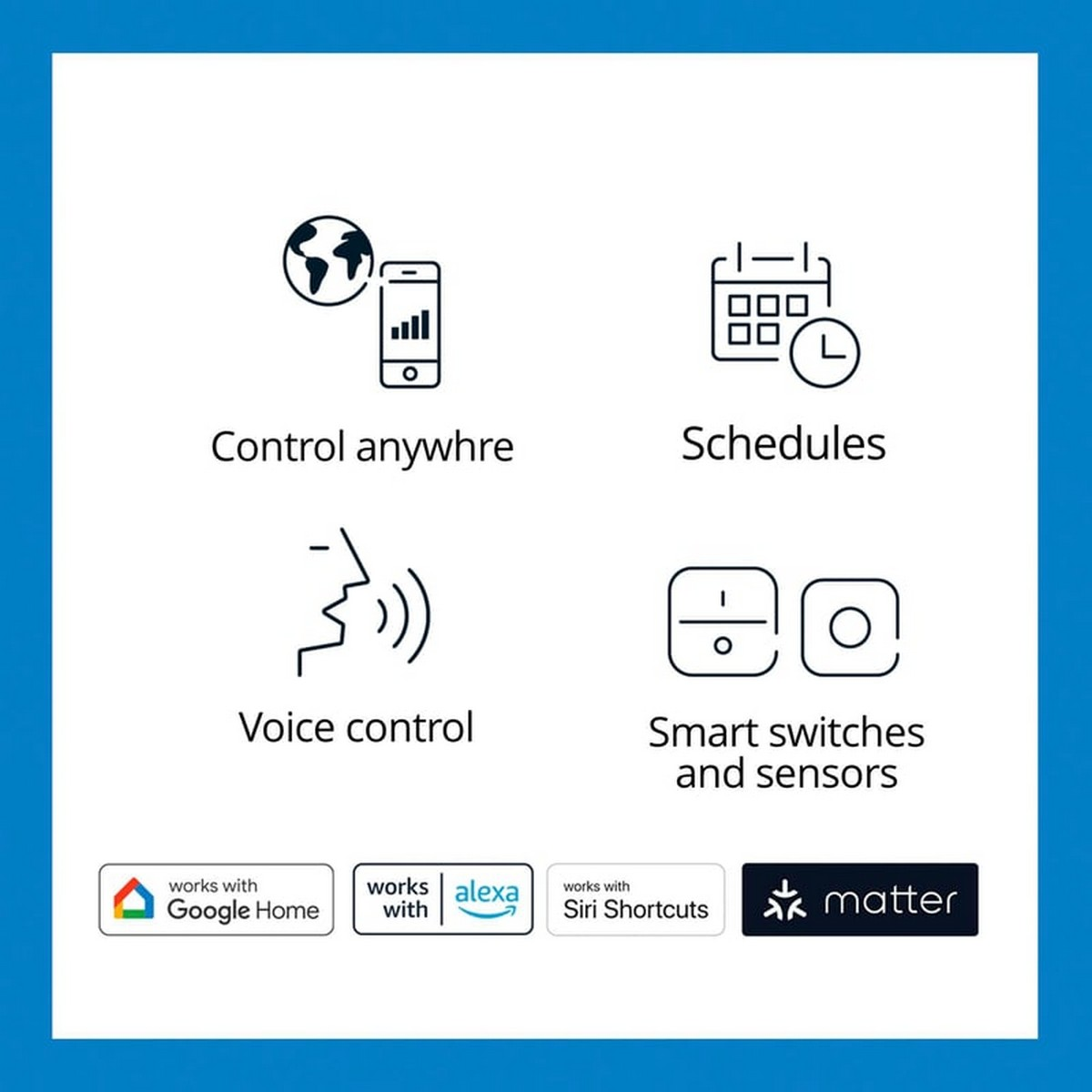 Icone per controllo remoto, pianificazioni, controllo vocale, interruttori e sensori, Google, Alexa, Siri, Matter.