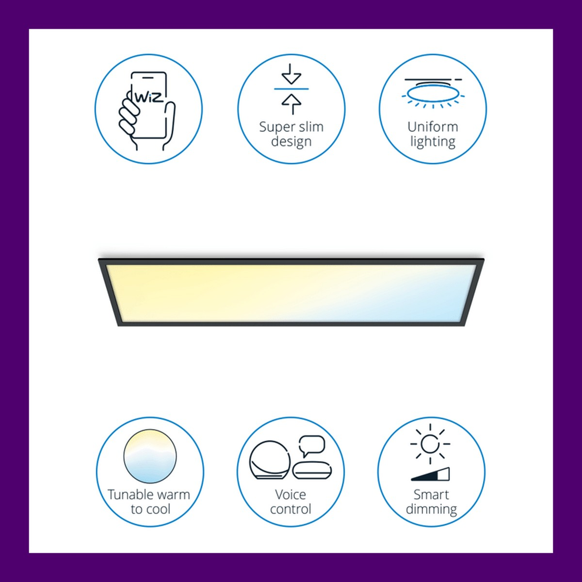 Pannello luminoso sottile con icone per app Wiz, design sottile, illuminazione uniforme, colore regolabile, controllo vocale, dimmerazione intelligente.
