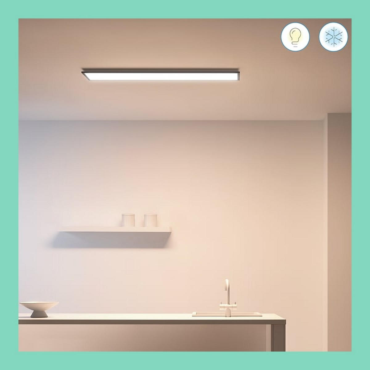Cucina moderna con lavello, mensola con bicchieri e lampada da soffitto.