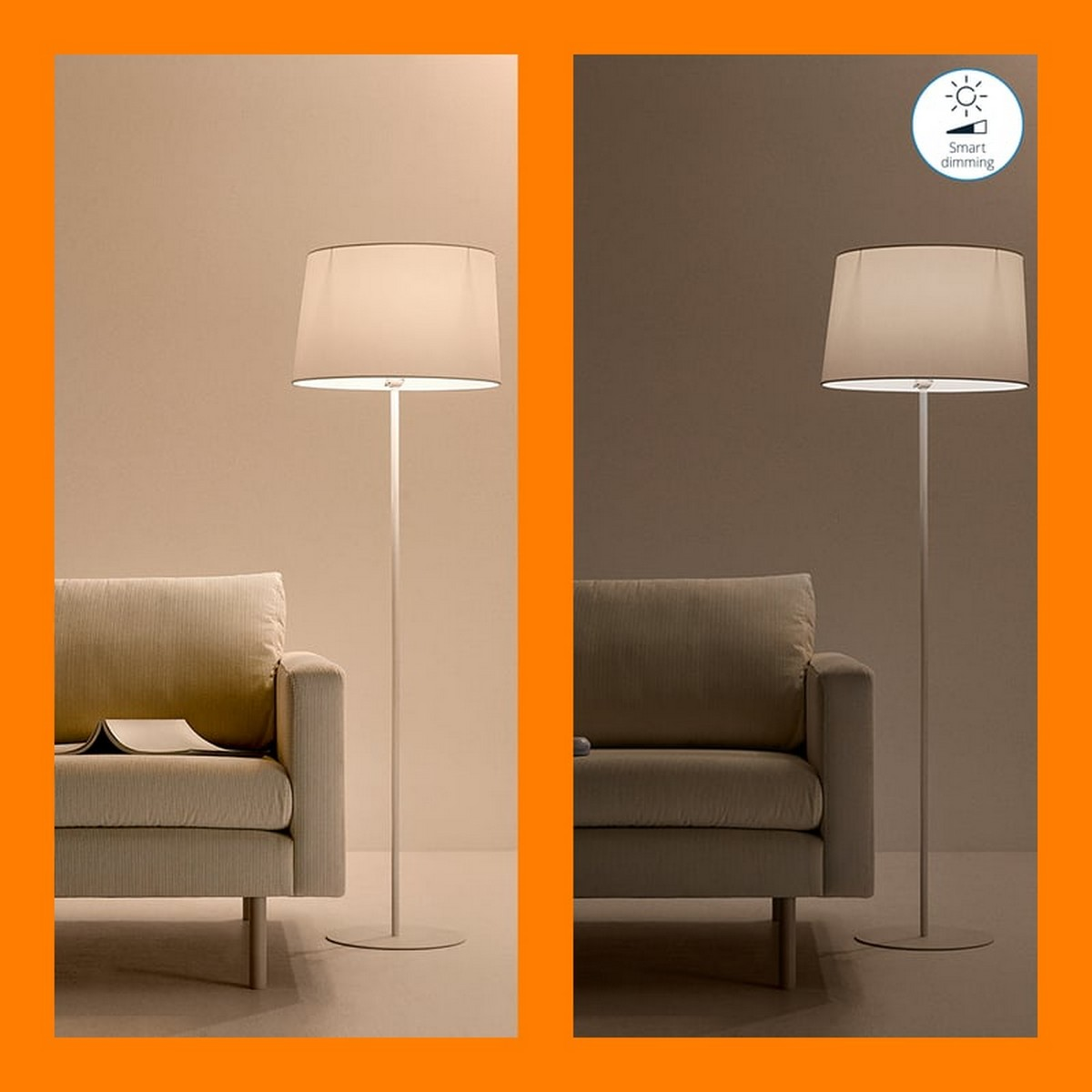 Una coppia di lampade da terra in una stanza, una luminosa, l'altra attenuata.