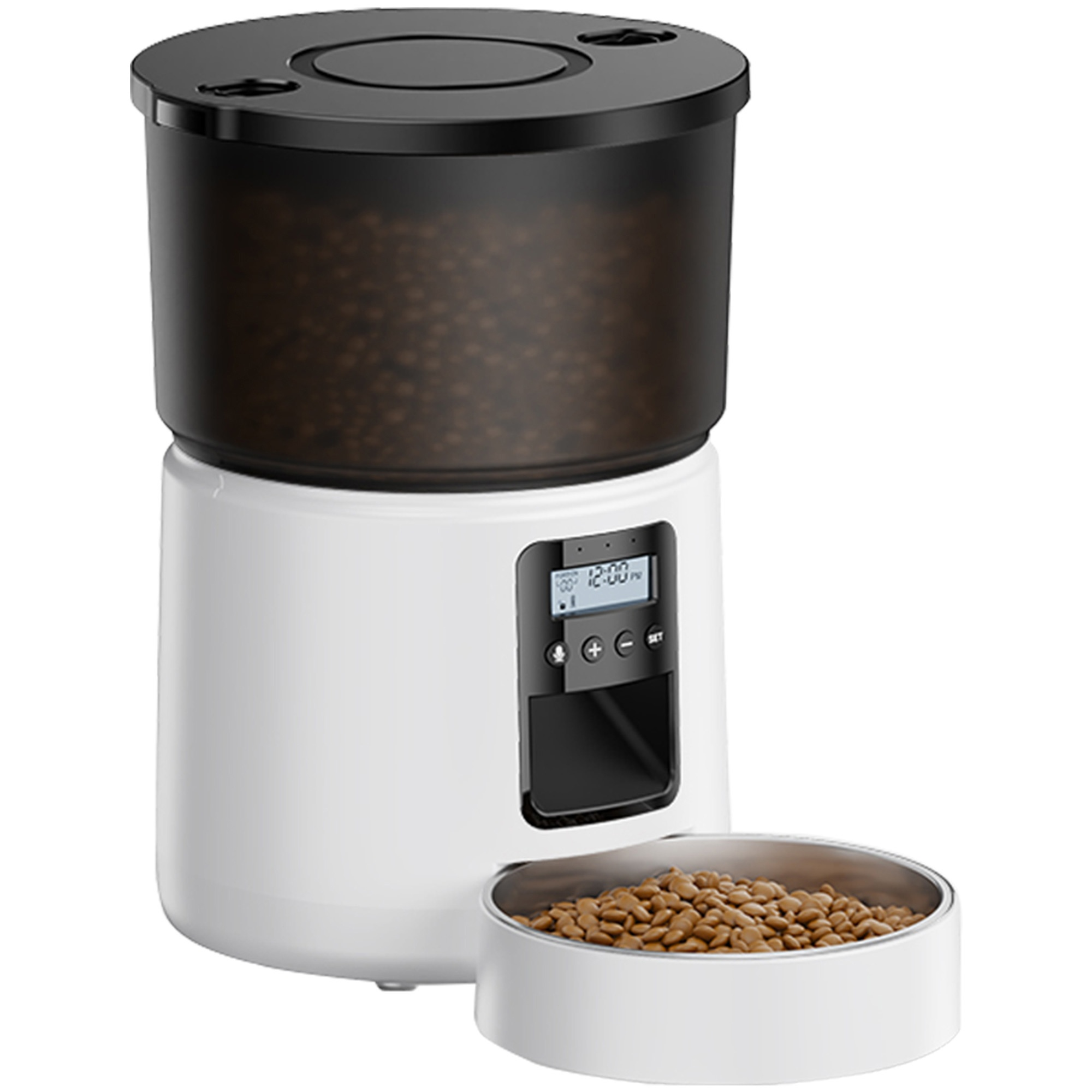 Biały automatyczny karmnik dla zwierząt z czarną pokrywą i jedzeniem w misce.