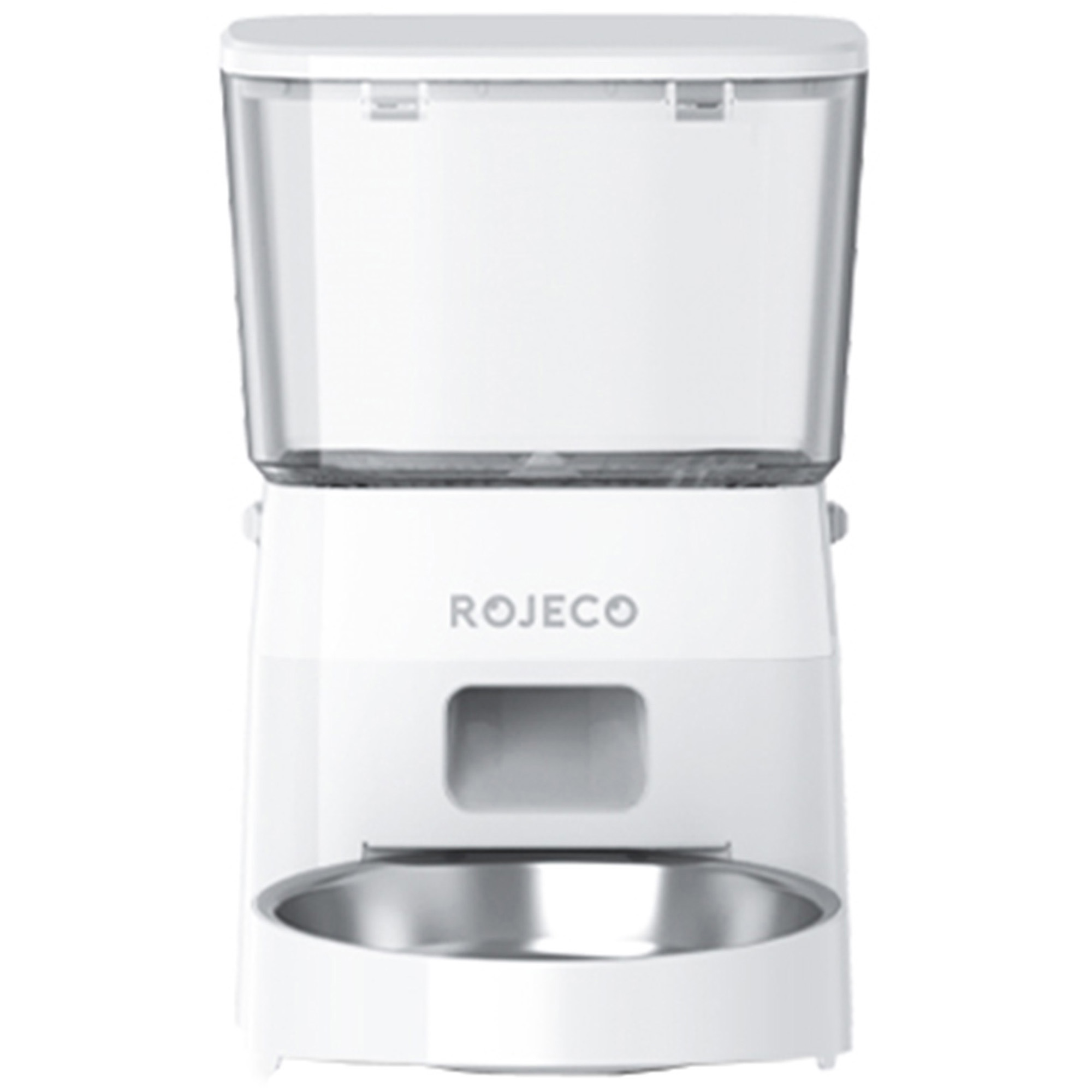 Biały automatyczny karmnik dla zwierząt z metalową miską.