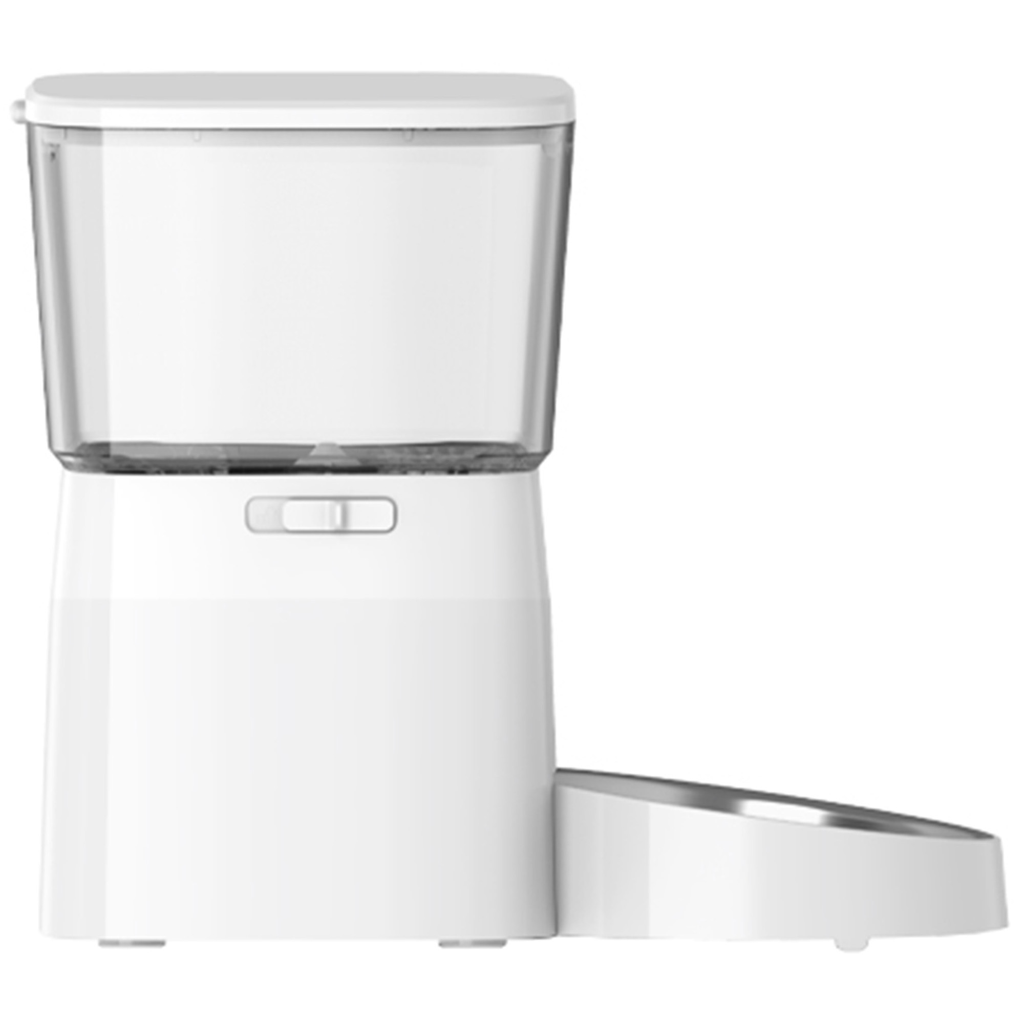 Biały automatyczny podajnik dla zwierząt z przezroczystym pojemnikiem i miską.