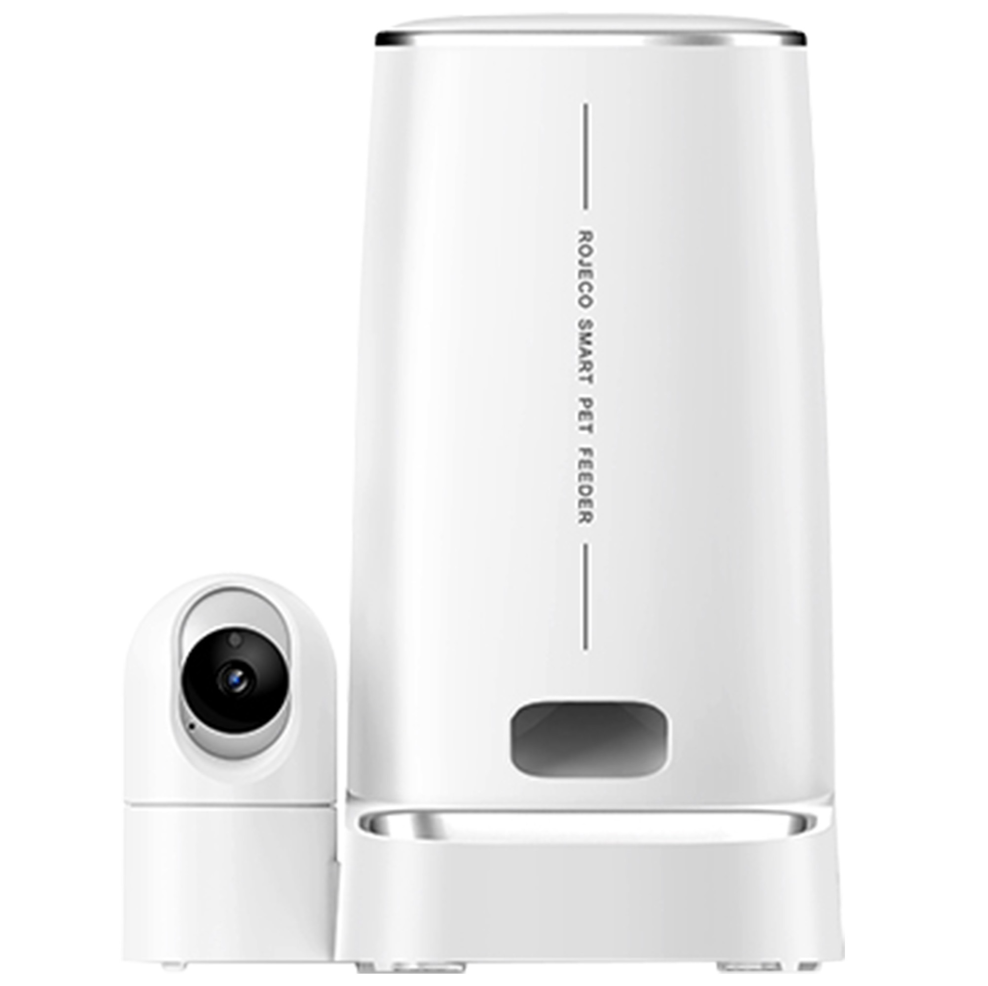 Biały dozownik karmy dla zwierząt z kamerą. Napis: ROJECO SMART PET FEEDER.