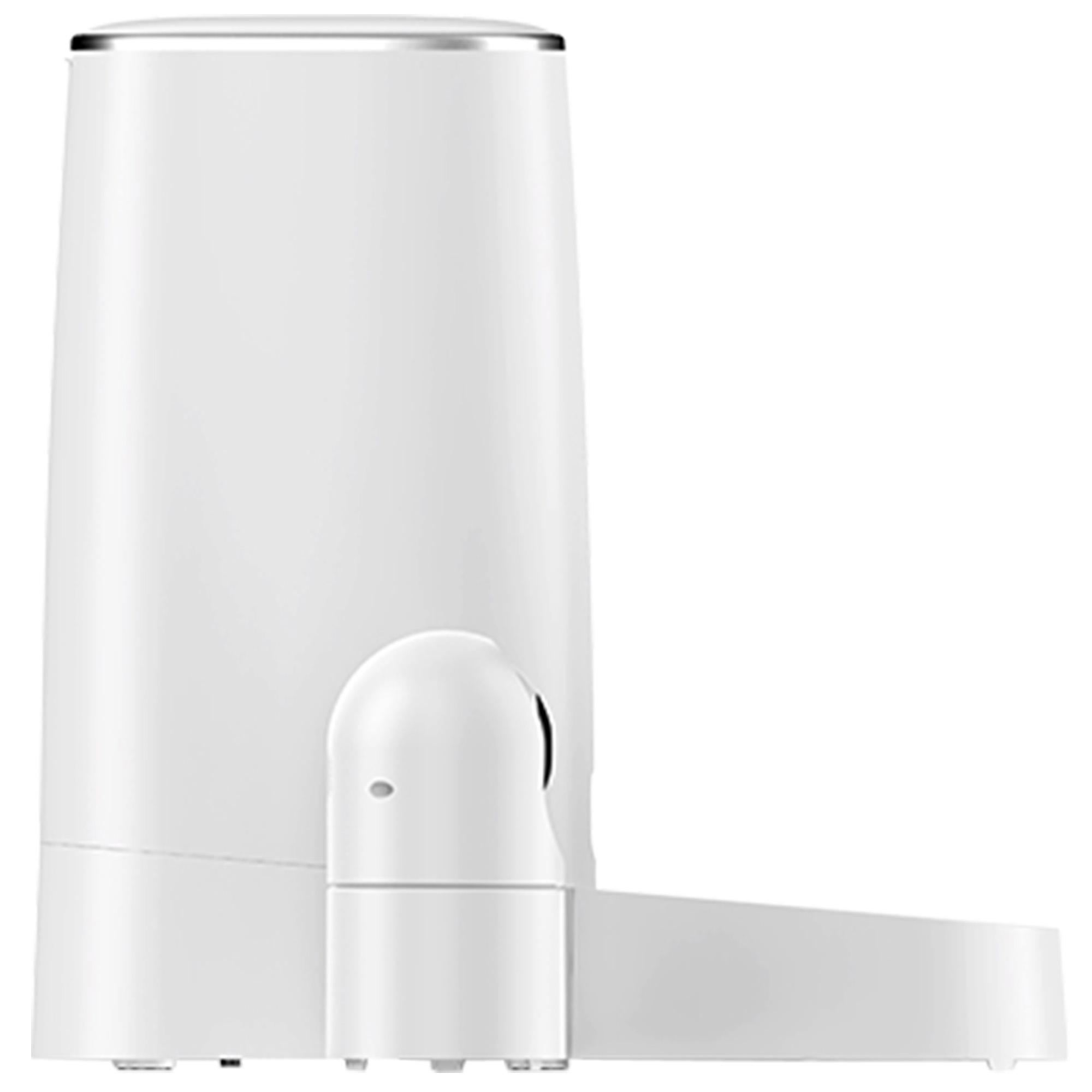 Biały automatyczny dozownik karmy dla zwierząt z wąskim kanałem dozującym.