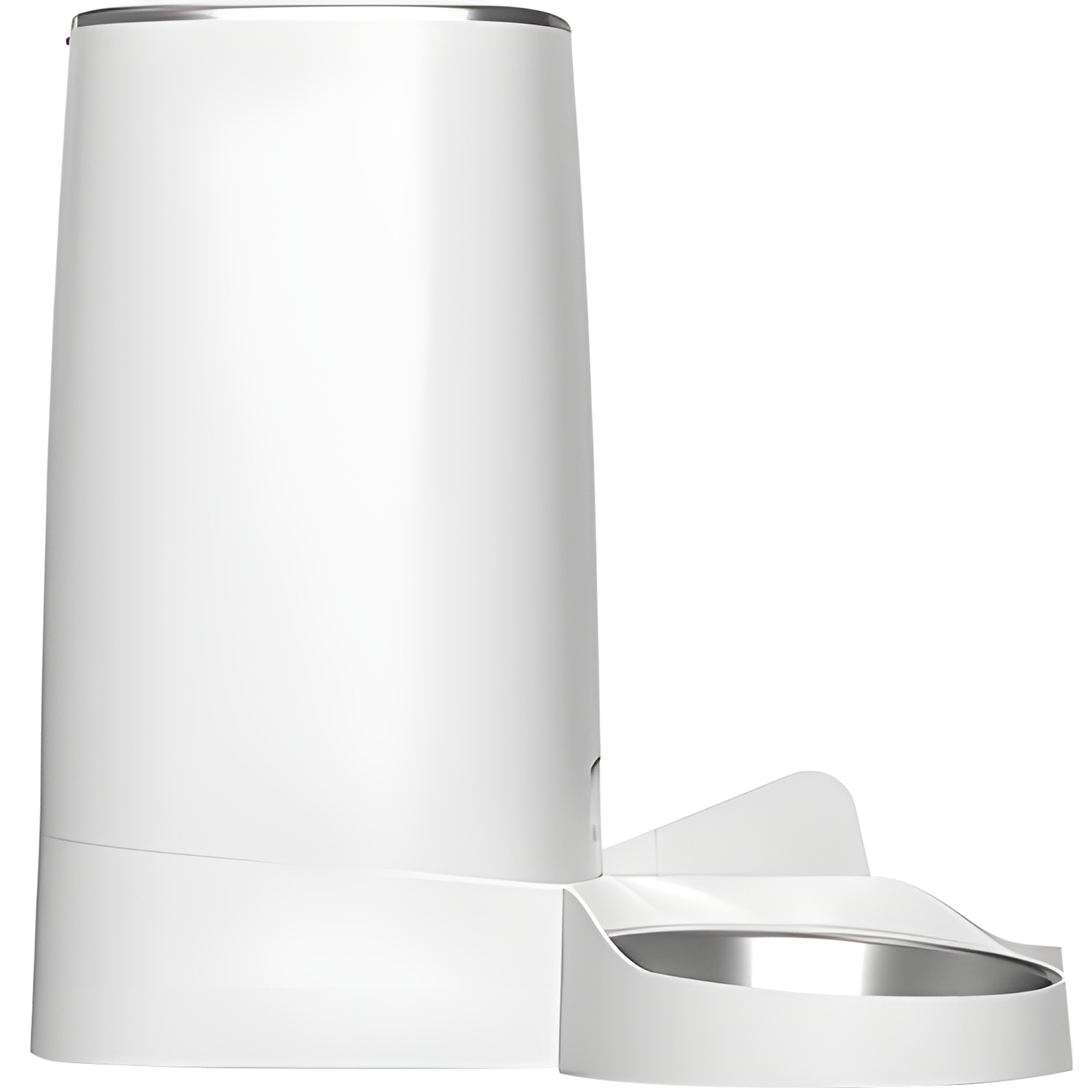 Biały, nowoczesny dozownik karmy dla zwierząt z srebrną obręczą.