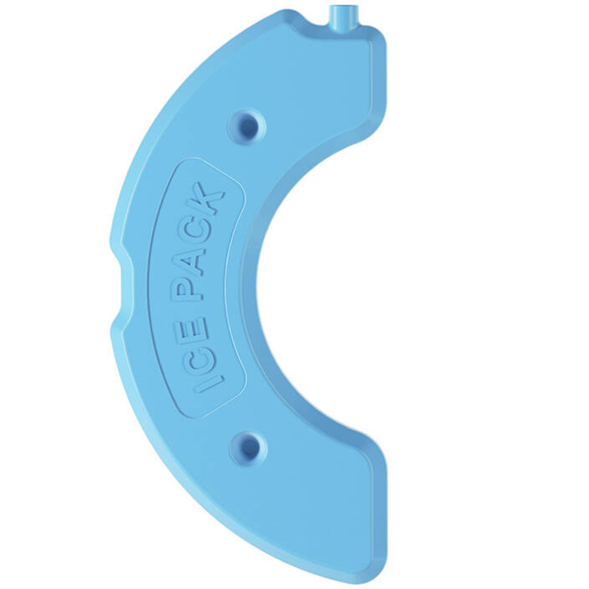 Jasnoniebieski wkład chłodzący w kształcie półksiężyca z dwoma otworami i napisem ICE PACK.