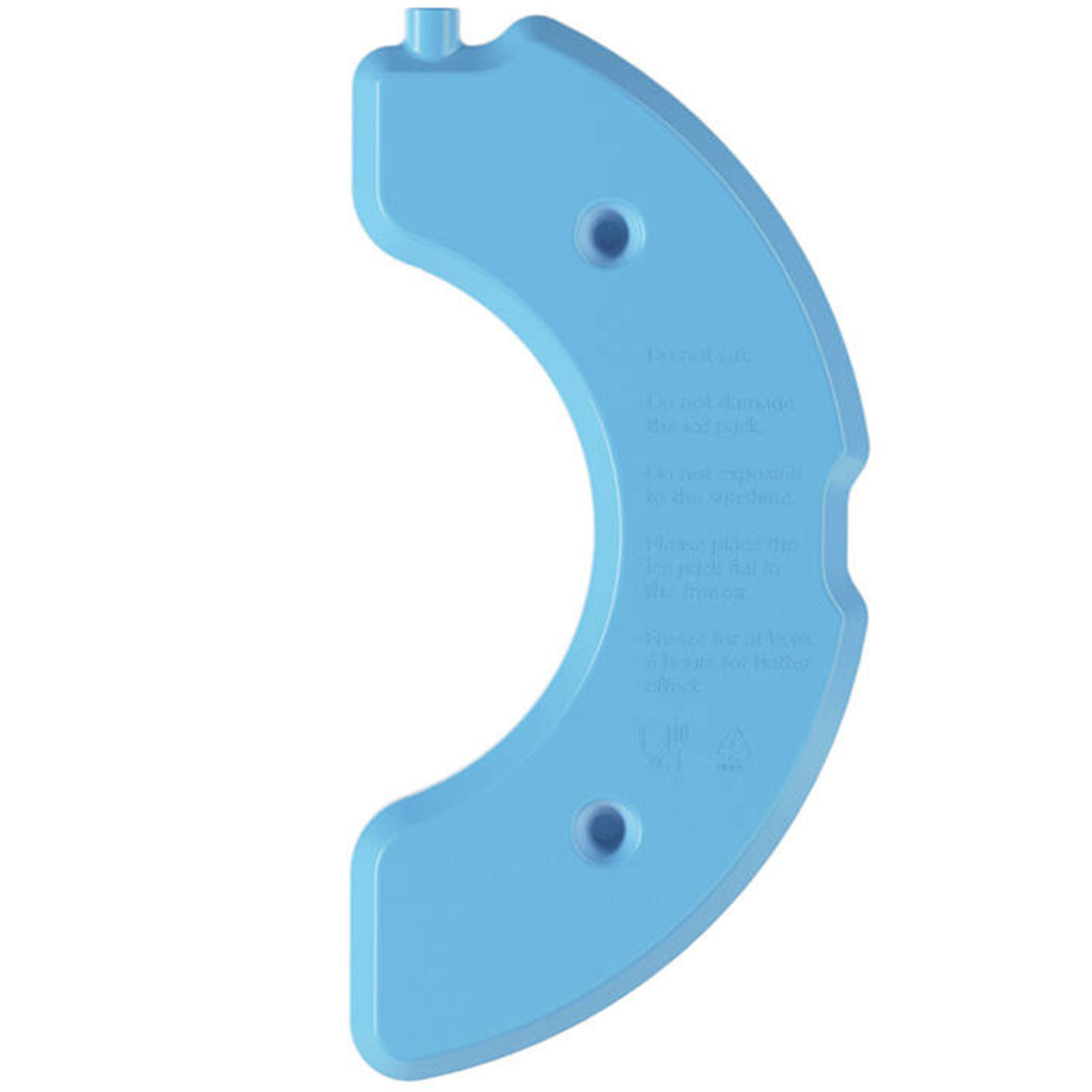 Jasnoniebieski, półksiężycowaty wkład chłodzący z małą dyszą na górze i dwoma okrągłymi wgłębieniami, z białym tekstem.