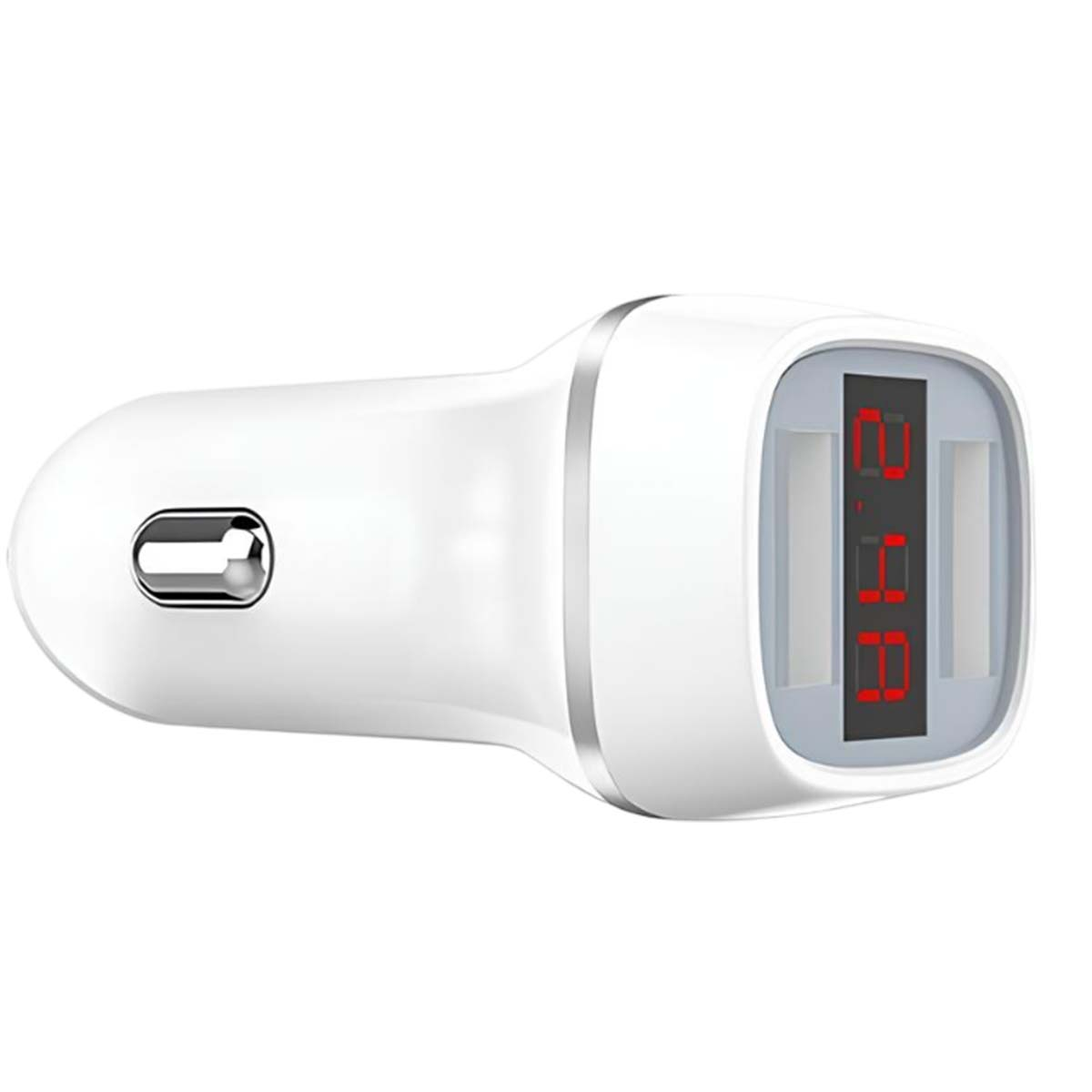 Un adaptador USB blanco para coche con dos puertos y pantalla digital roja.
