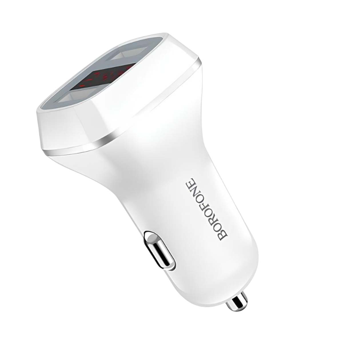 Un adaptador USB para coche blanco con pantalla digital y el nombre de la marca BOROFONE.