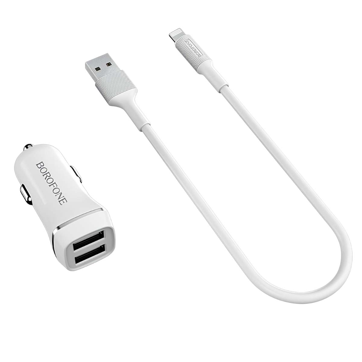 Un cargador de coche USB blanco y un cable de carga blanco.