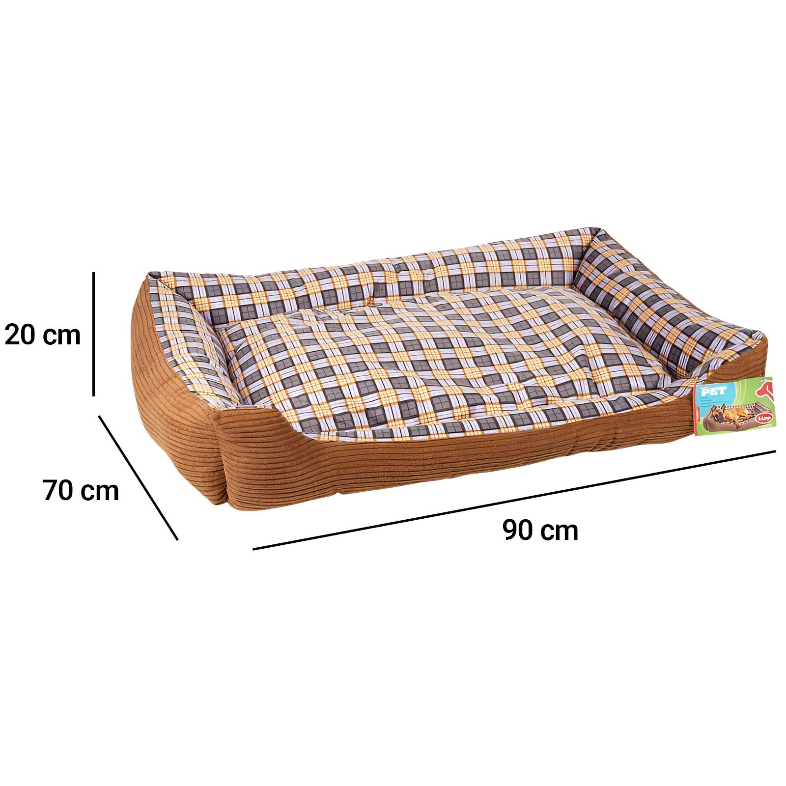 Una cama para mascotas marrón con estampado a cuadros, 90x70x20 cm.