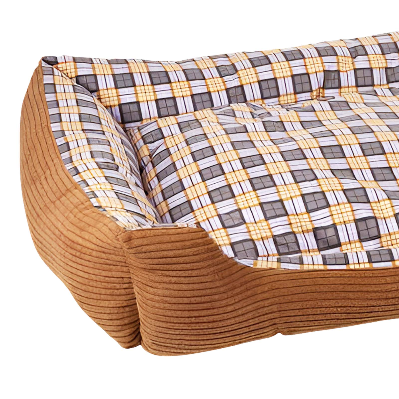 Una cama marrón para perros con patrón de cuadros amarillo, gris y blanco.