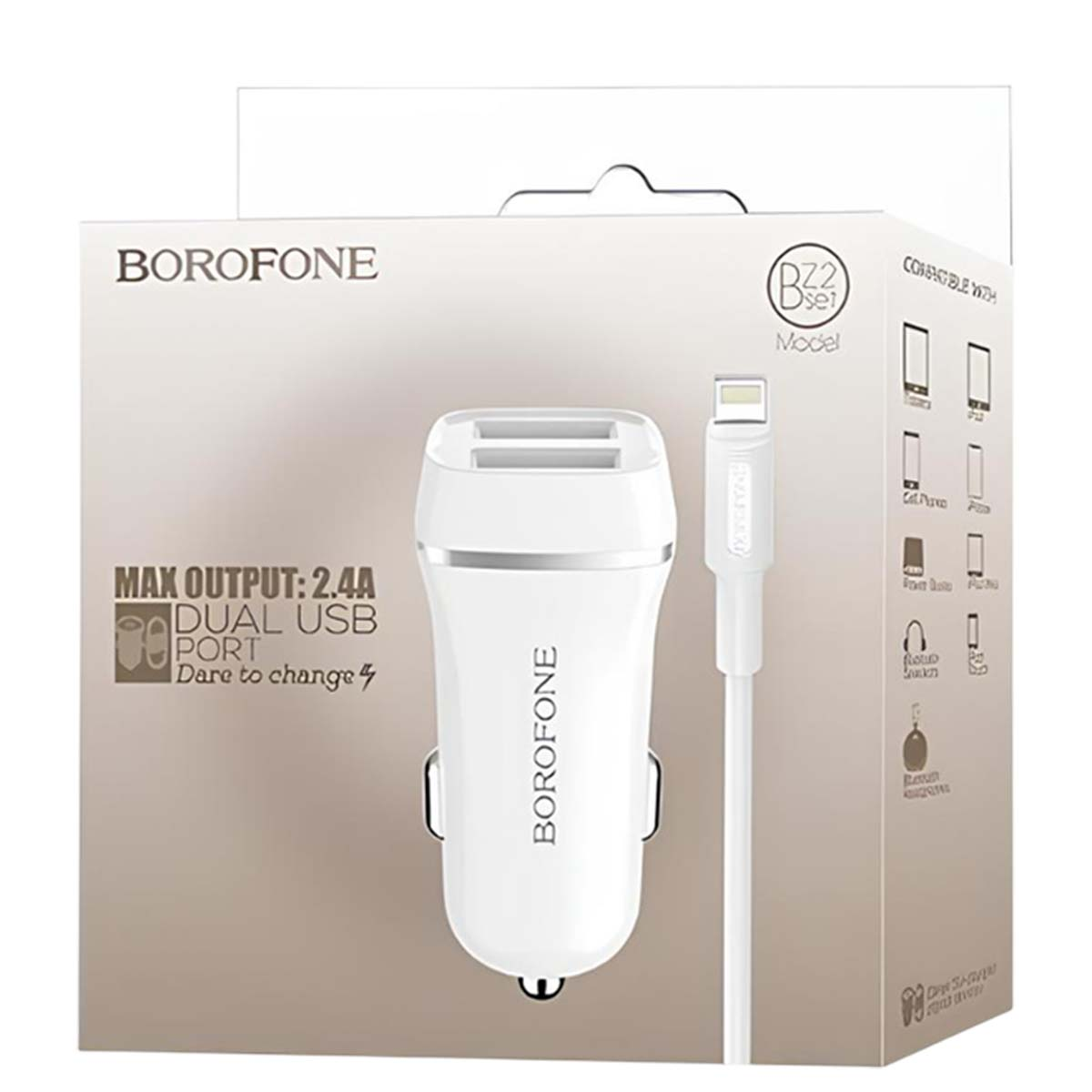 Cargador de coche blanco Borofone de doble USB con cable lightning en embalaje.
