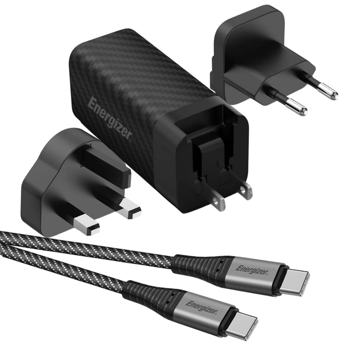 Adattatore di ricarica Energizer nero con spine intercambiabili e due cavi USB-C.