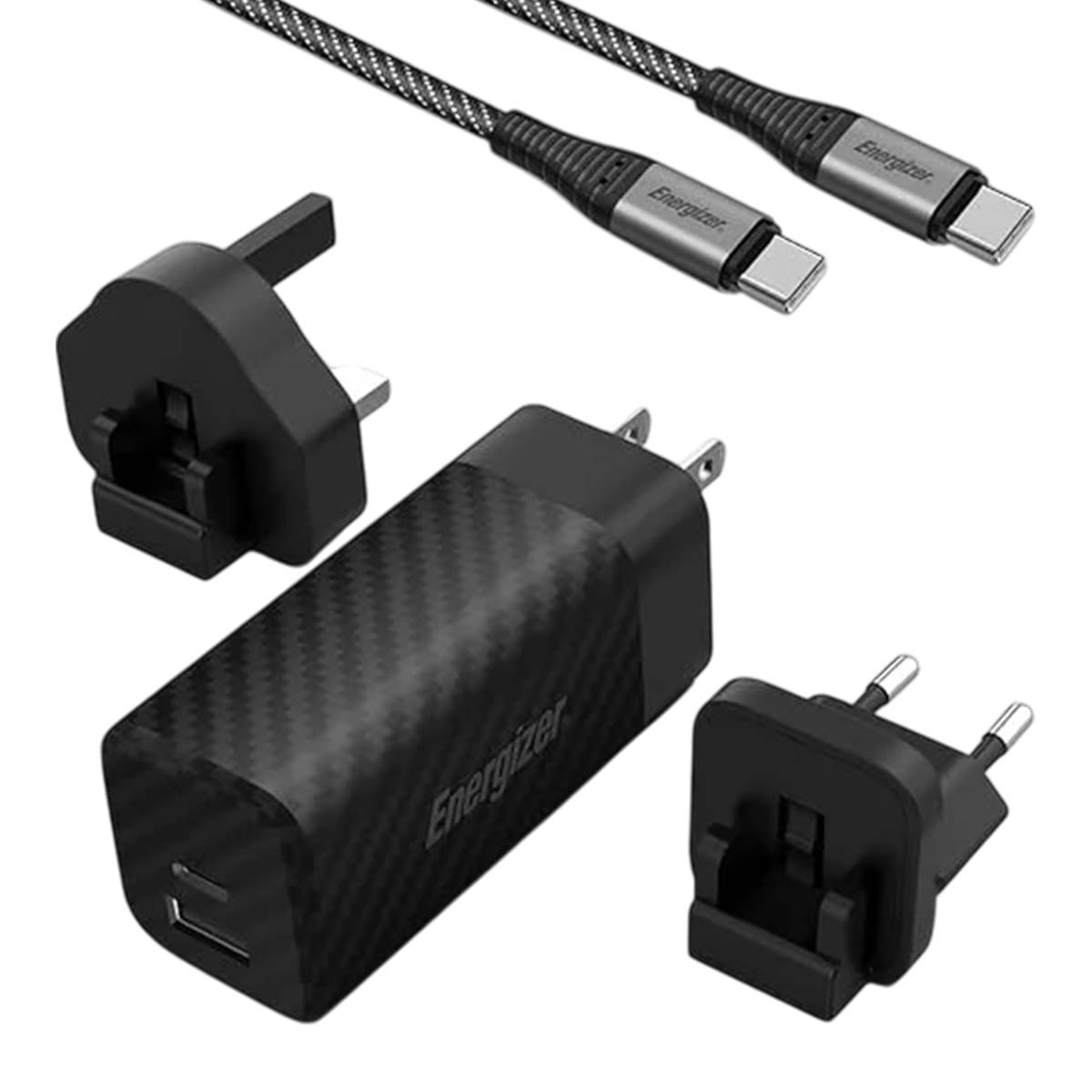 Caricatore Energizer, due cavi USB-C e tre adattatori (UK, UE, USA).