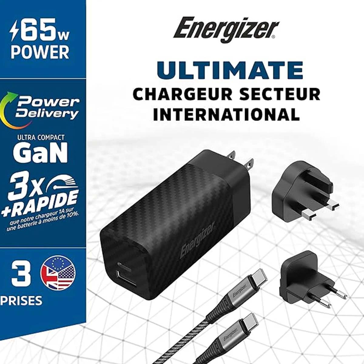 Caricatore Energizer 65W GaN con 3 adattatori e cavi USB-C.